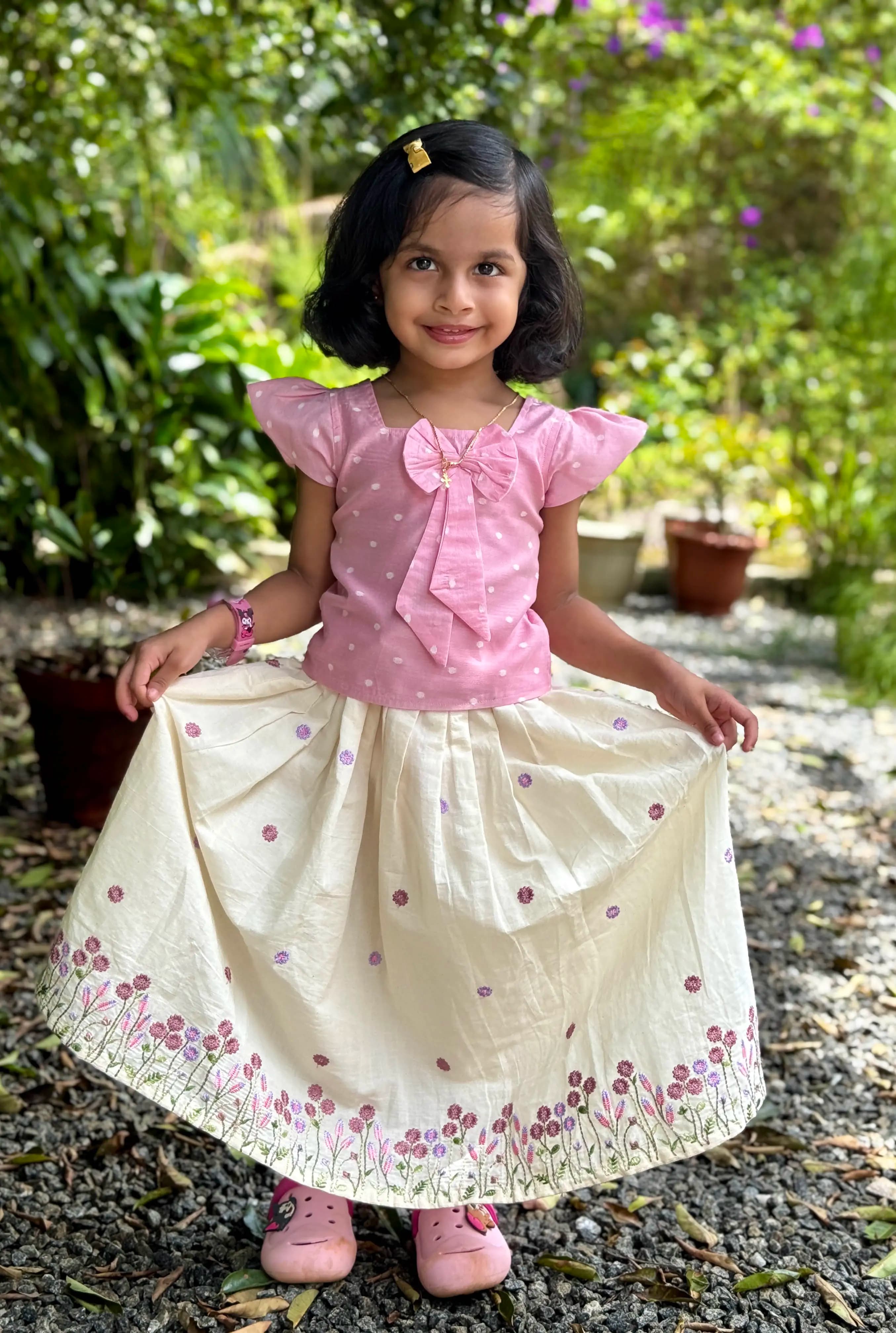 Florista Onam Special Kids Skirt and Top -  Off-White n Baby Pink
