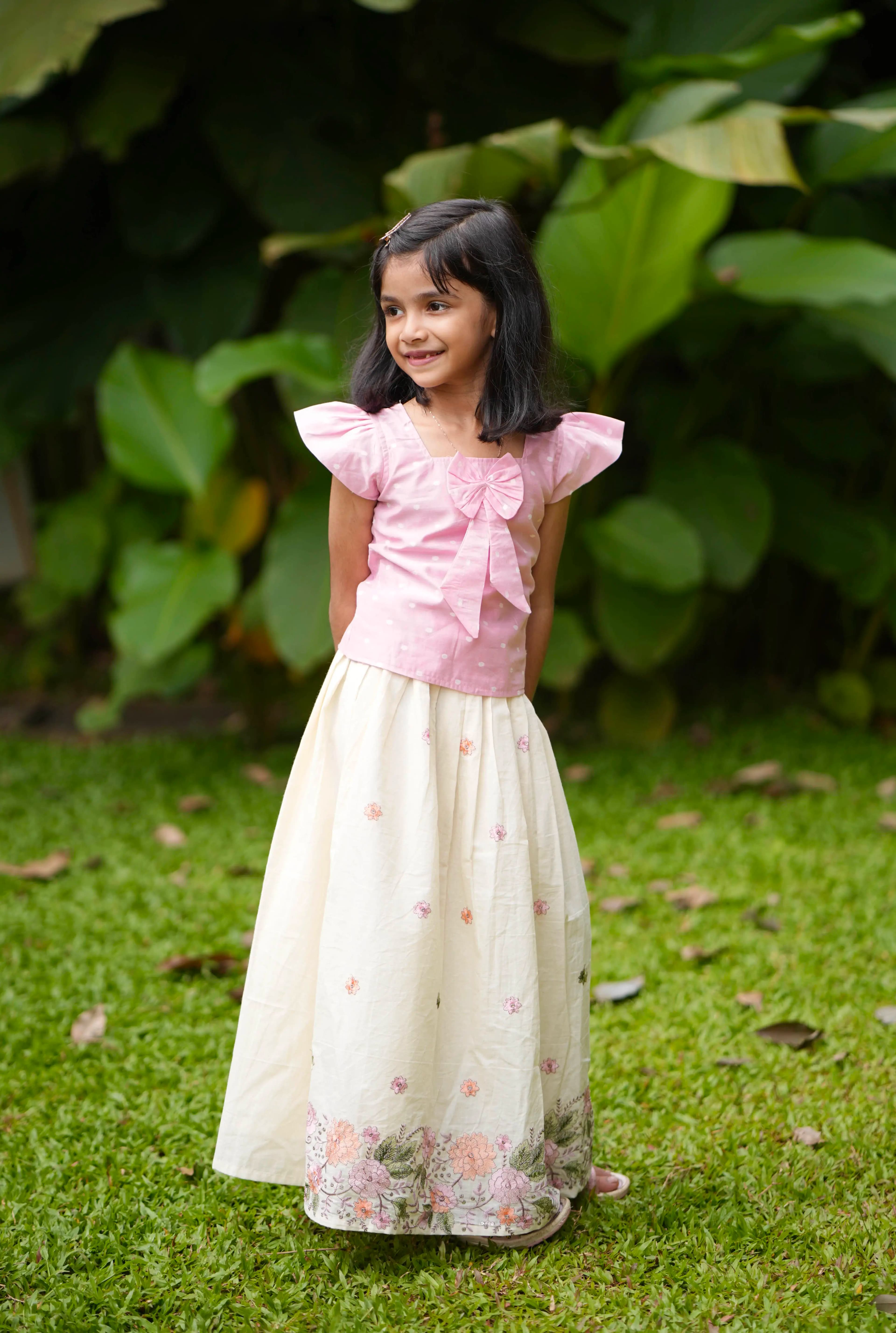 Florista Onam Special Kids Skirt and Top -  Off-White n Baby Pink