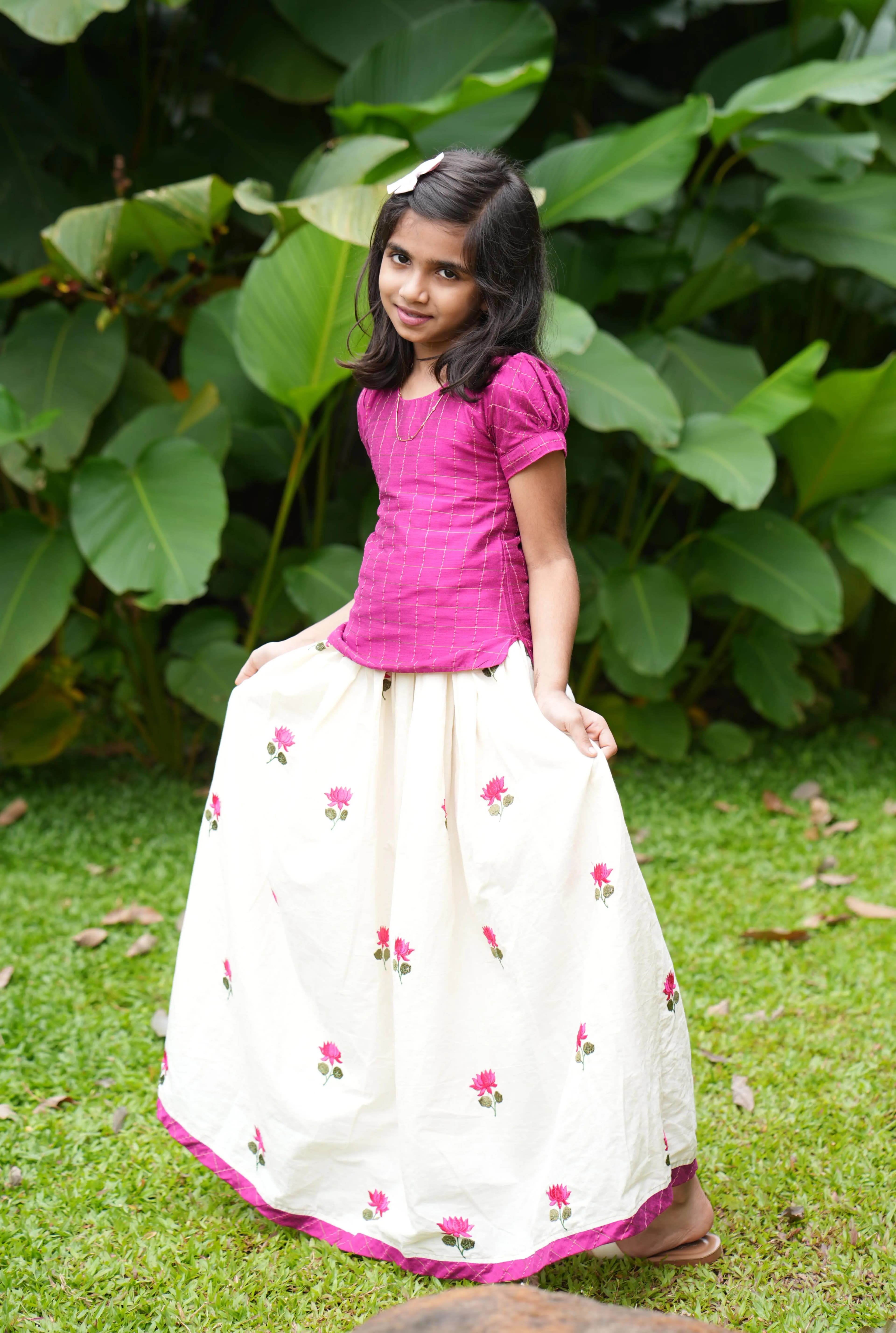 Florista Onam Special Kids Skirt and Top -  Off-White n Rani Pink