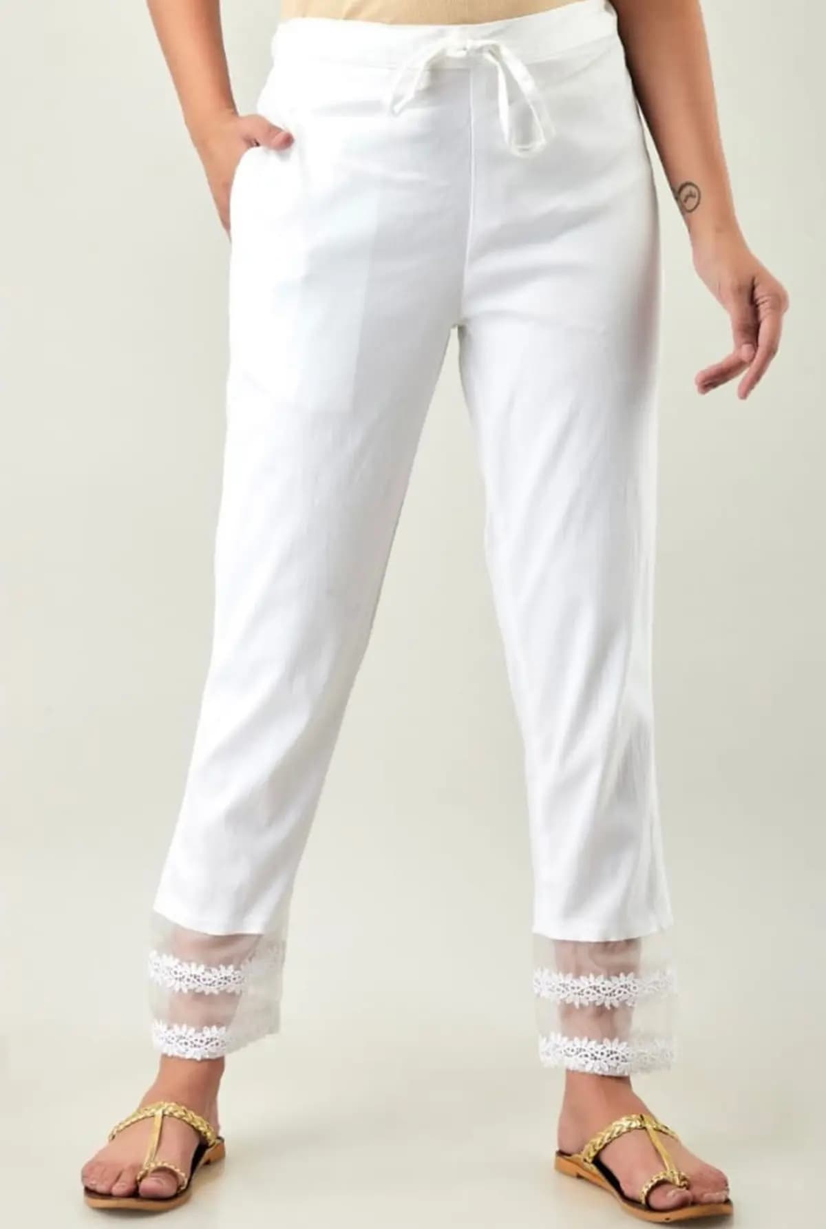Lace Pant with Organza Patch - White