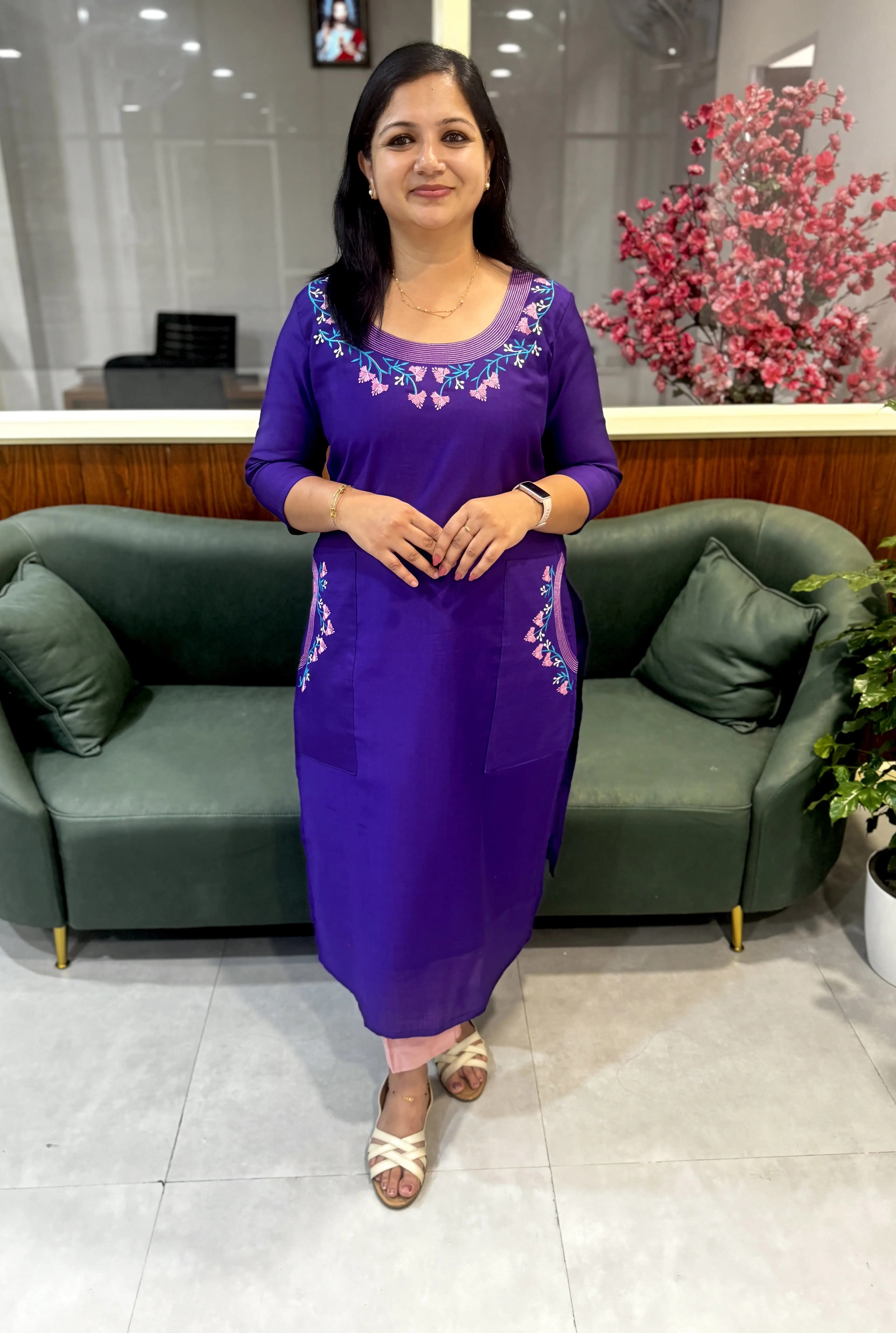 Florique Embroidery Kurti in Vatican Silk - Violet