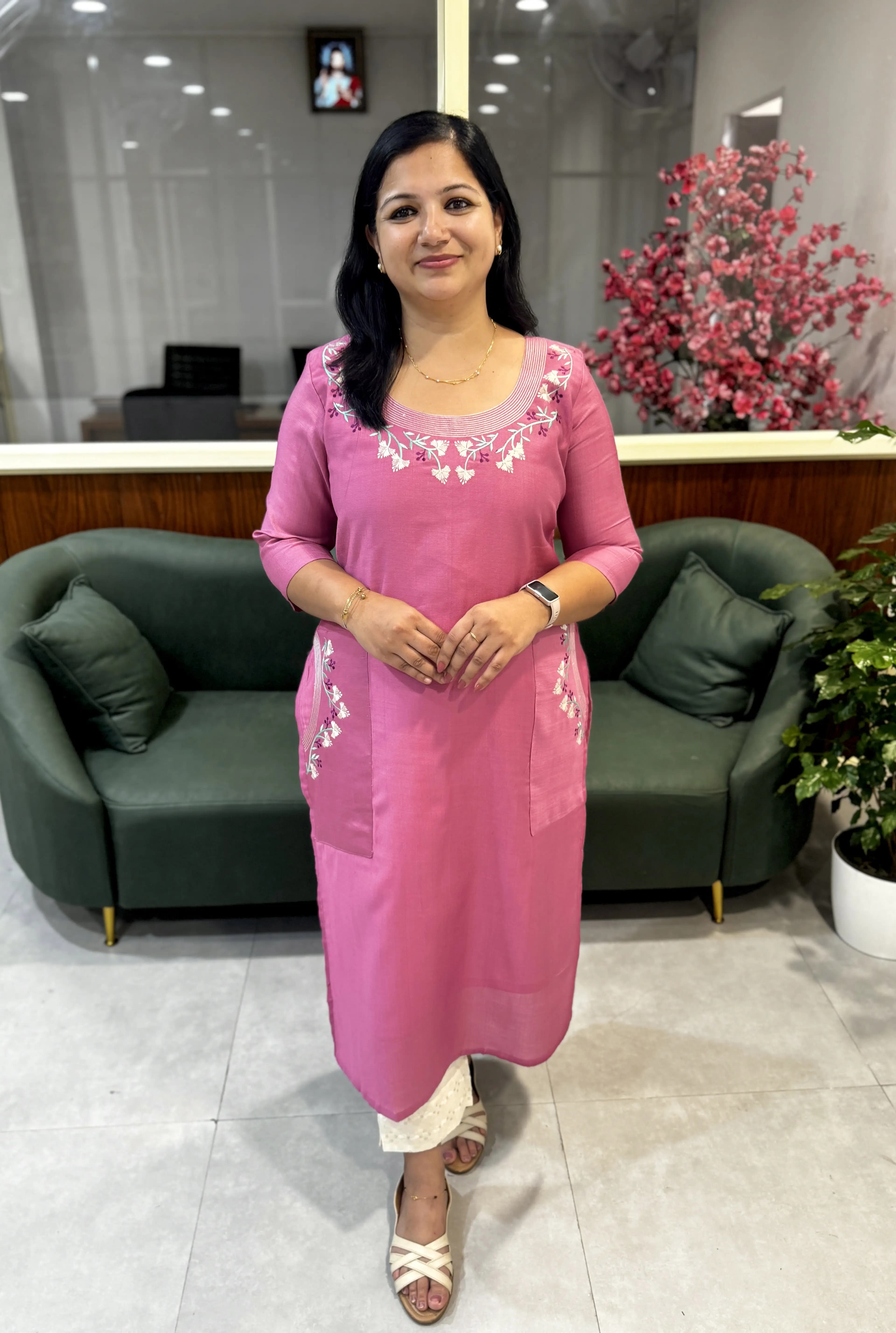 Florique Embroidery Kurti in Vatican Silk - Lotus Pink