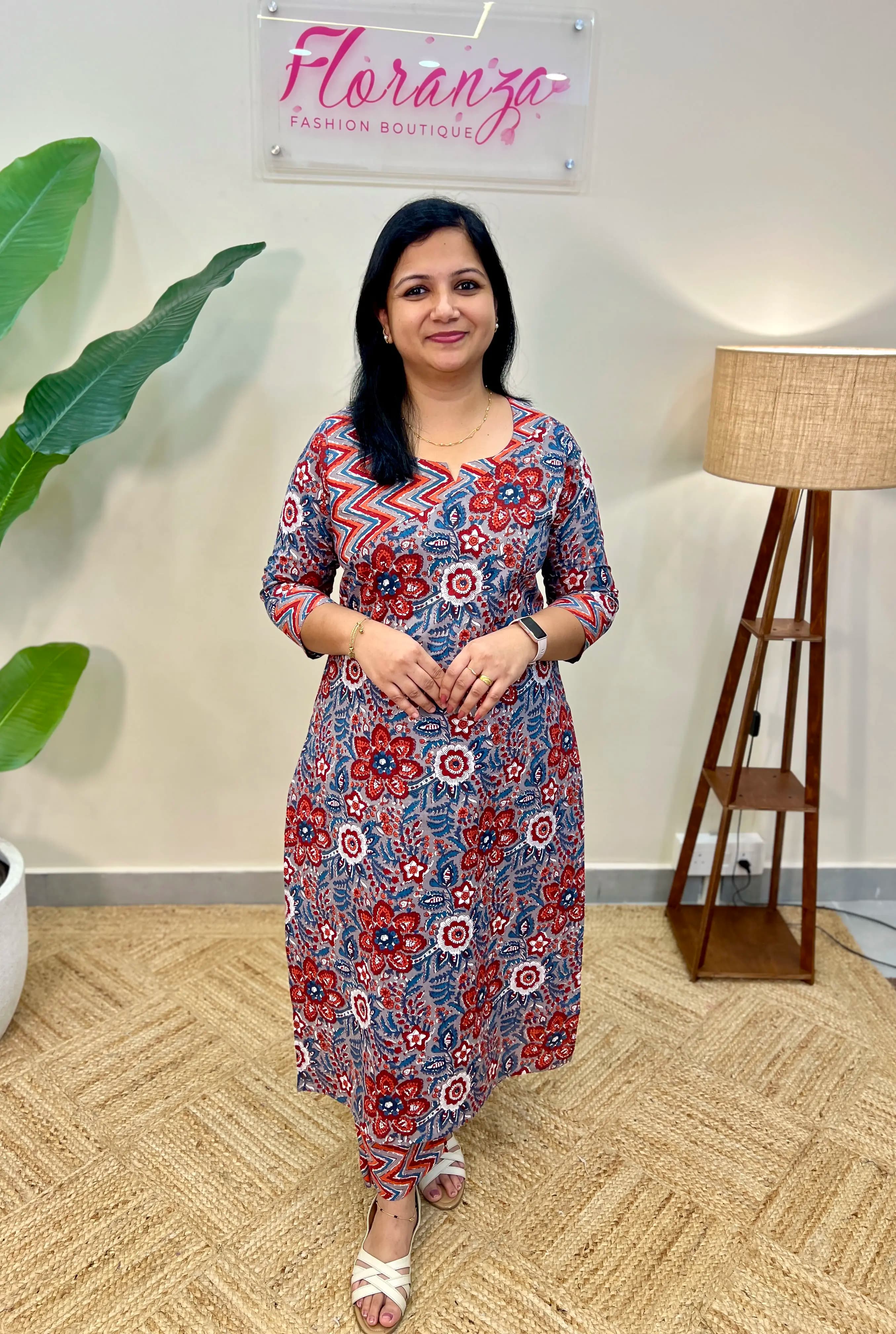 Florista Top and Bottom in cotton - Ash with Multi colour print