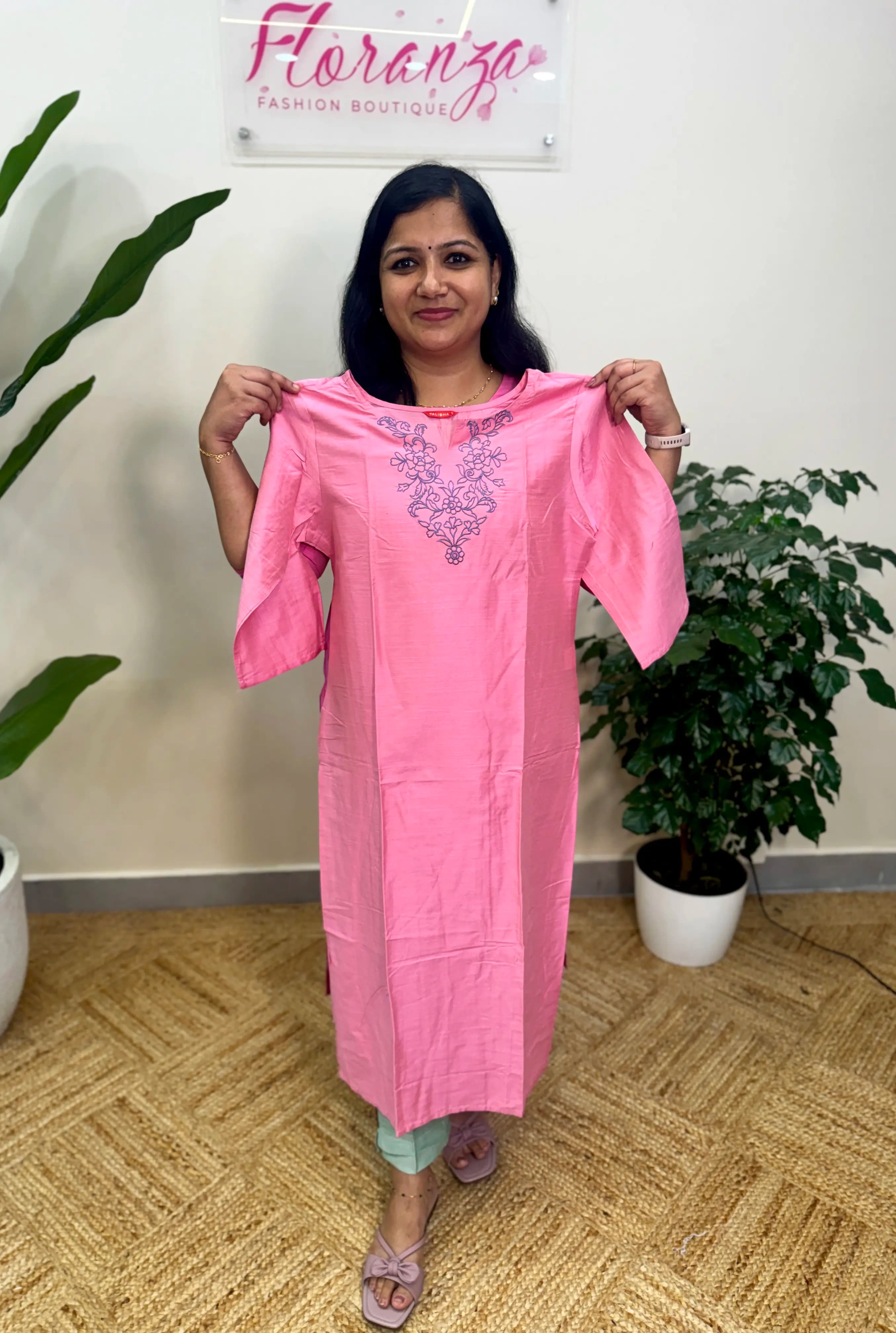 Slub Silk Embroidery Kurti - Pink