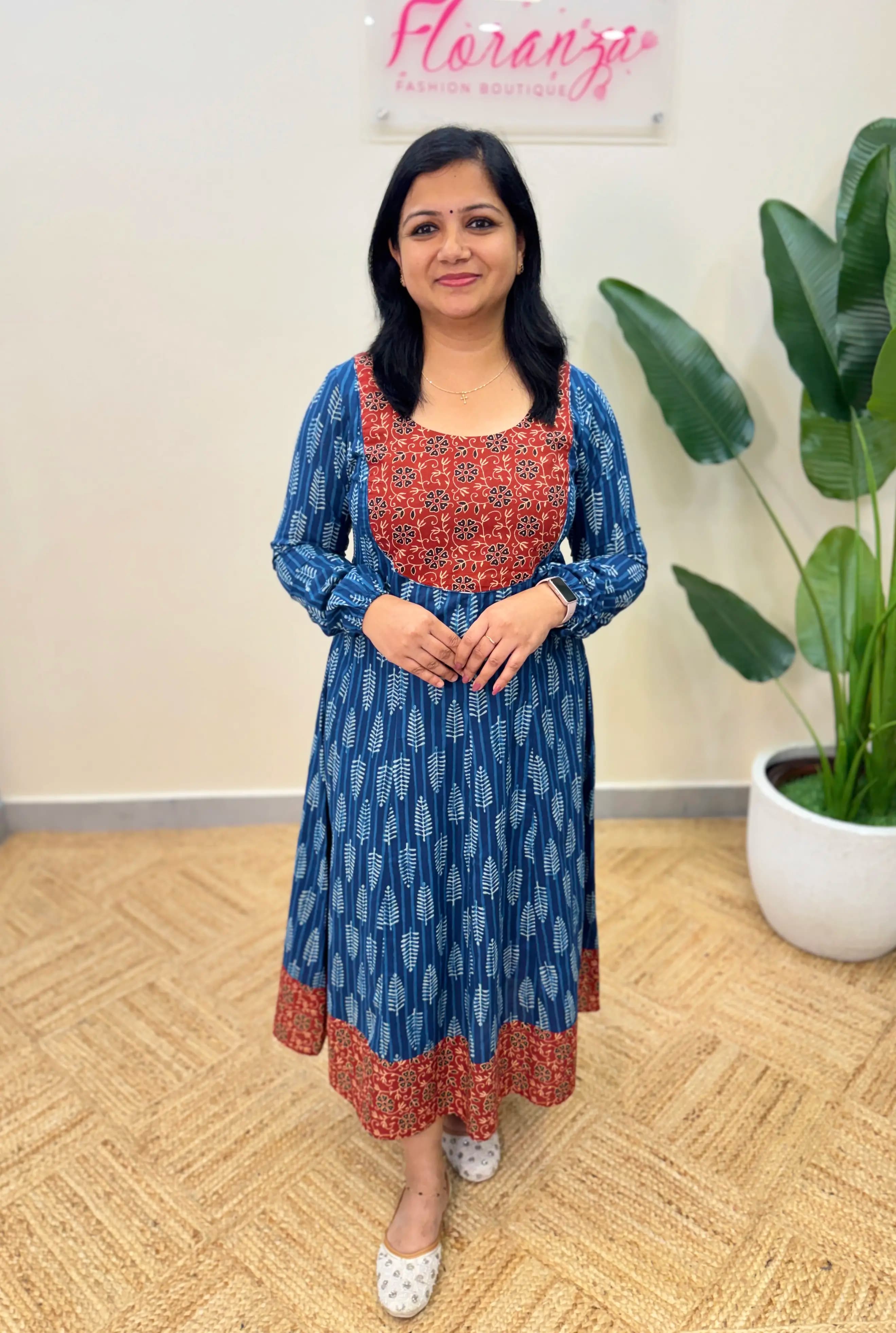 Florista Anarkali Kurti in Cotton - Indigo Blue