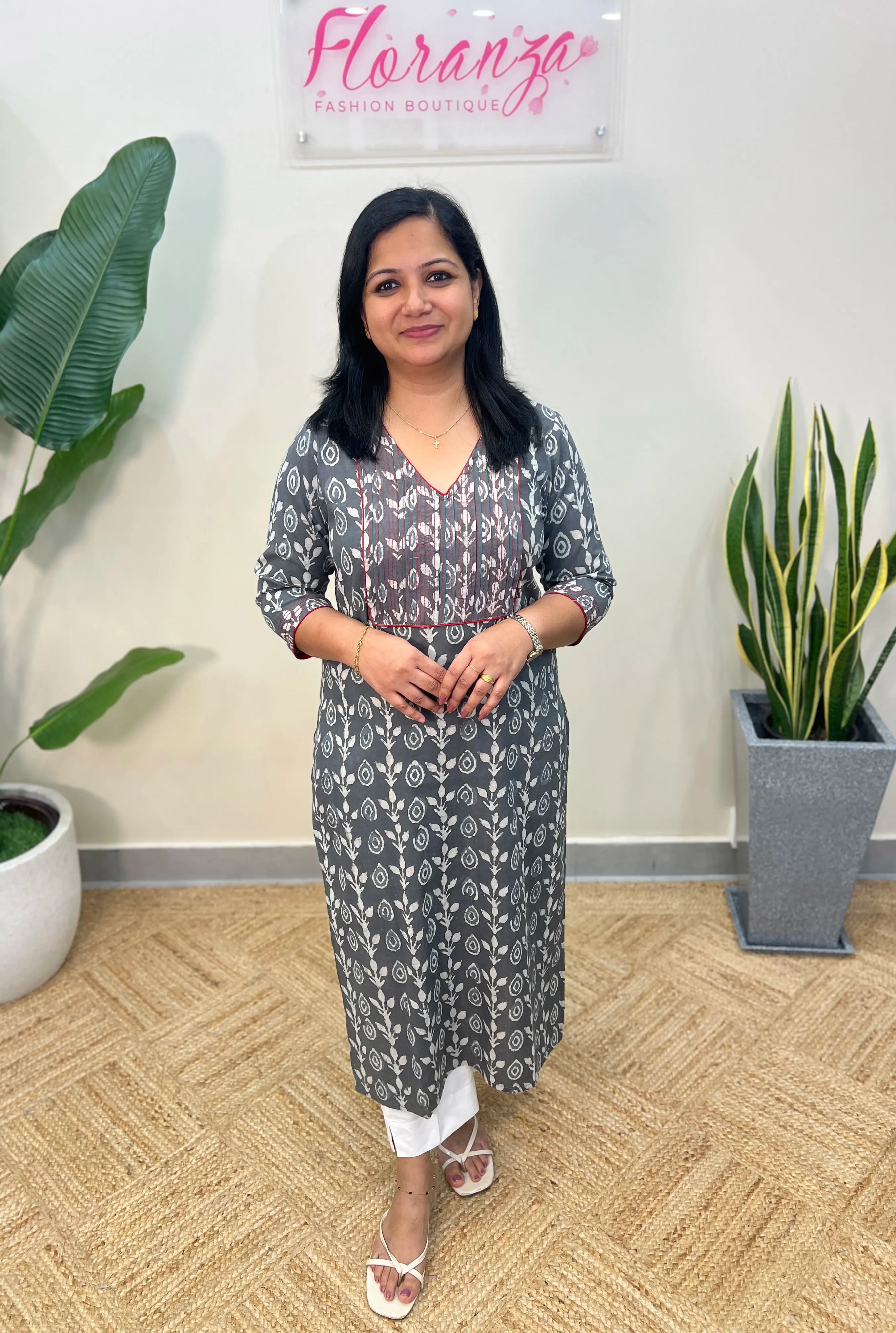 Pure Jaipur Cotton Kurti in Block Print - Ash