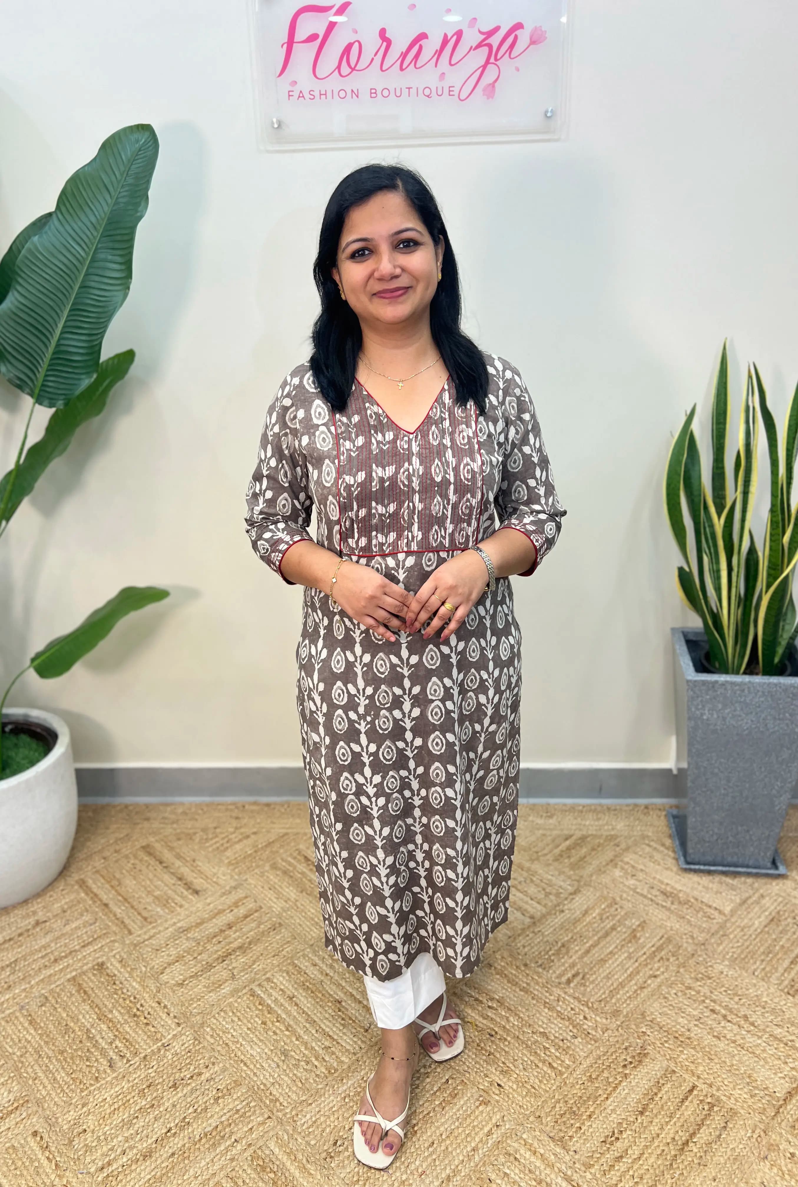 Pure Jaipur Cotton Kurti in Block Print - Grey