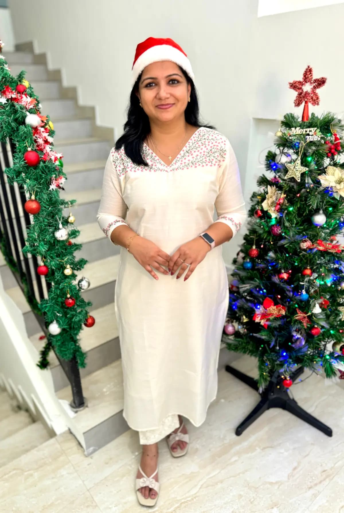Ready to Dispatch  X-mas Florique Kurti in Slub Silk - Merry Bloom Off-White