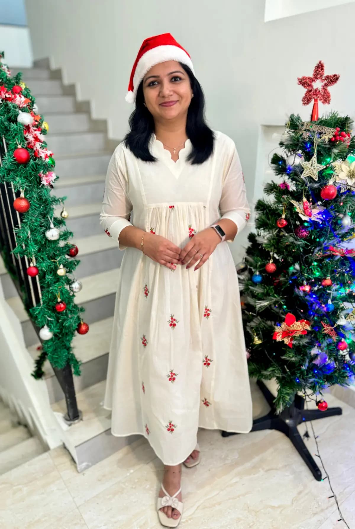 Ready to Dispatch  X-mas Florista Kurti in Camri Cotton- Icy Bloom Off-White