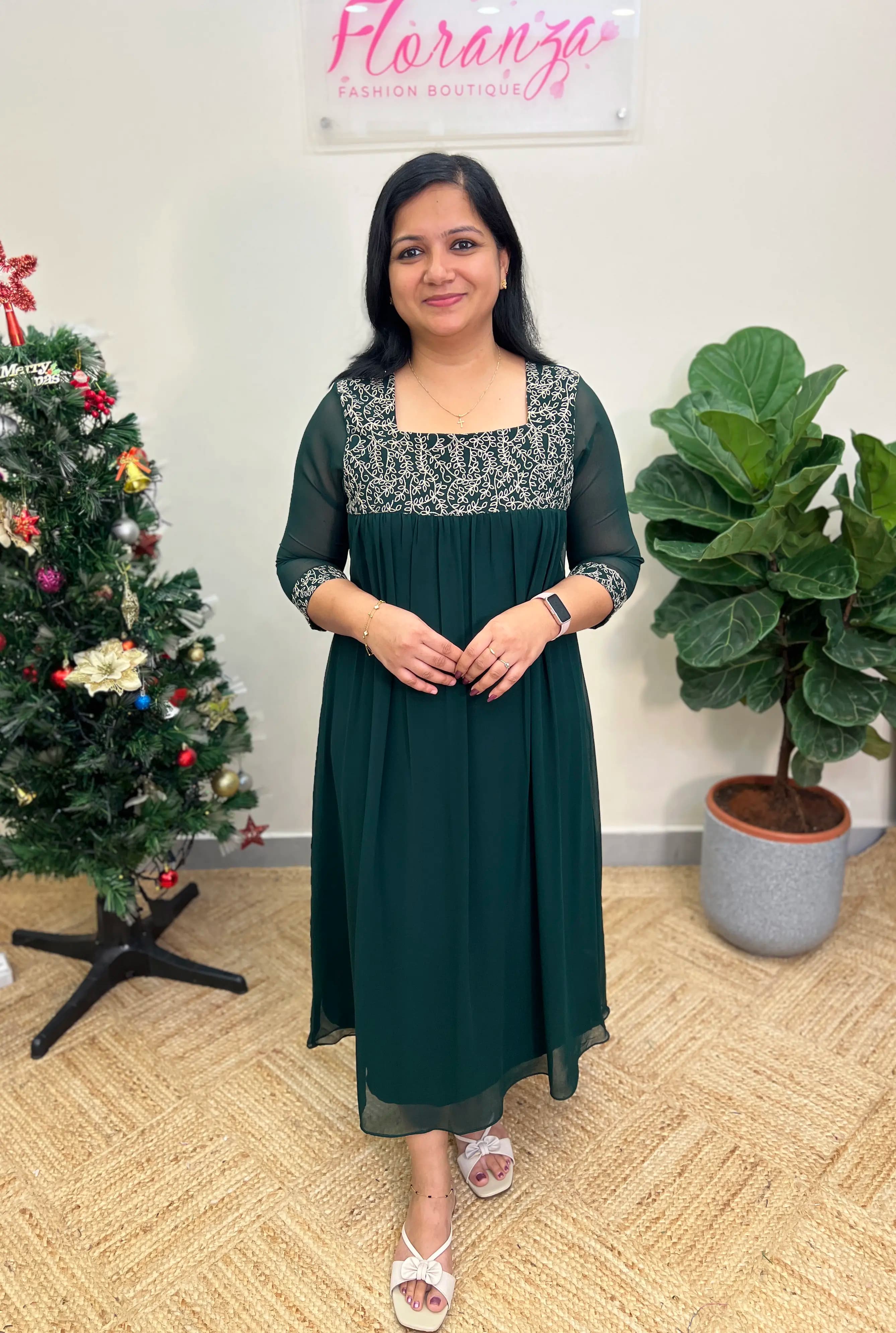 Florista Kurti in Blooming Georgette  - Dark Bottle Green