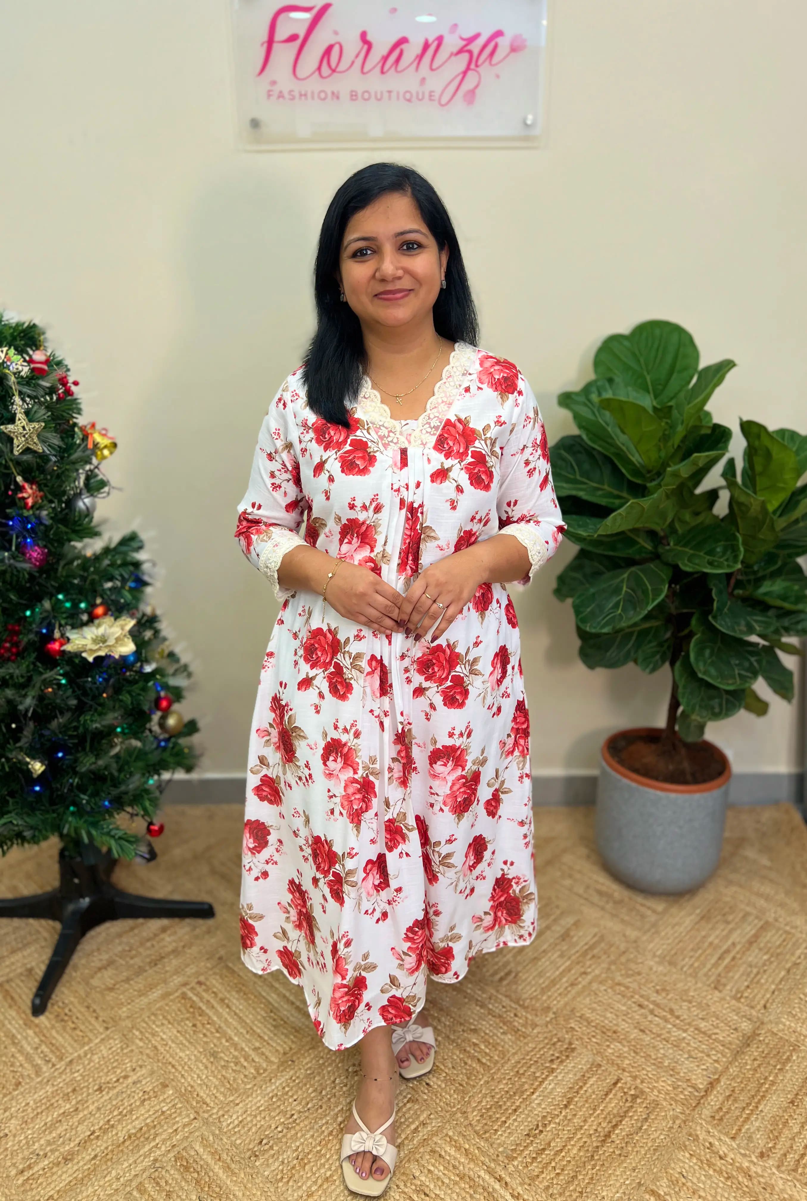 Kurti in Printed Linen Fabric - Dark Maroon Floral