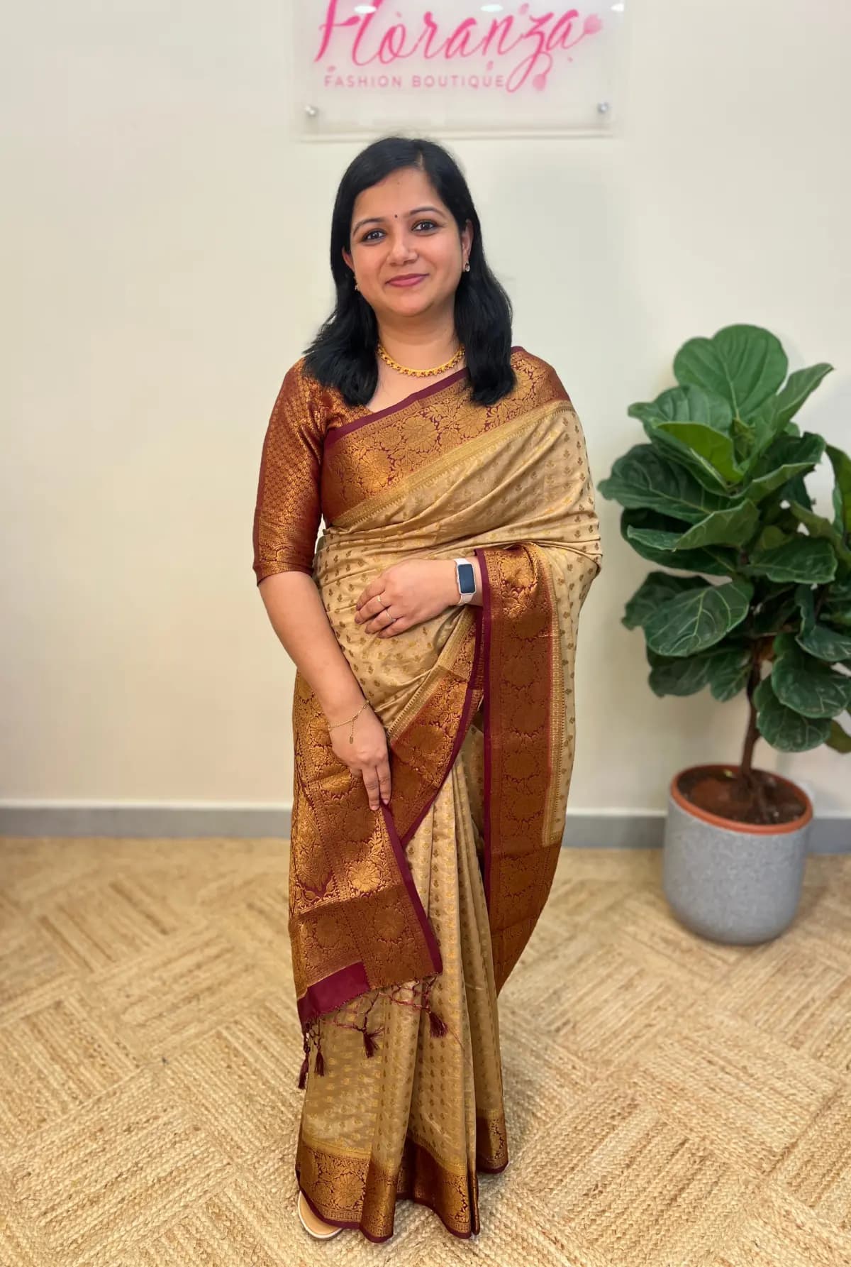 Party wear saree in Banarasi weaving - Gold mix Chiku