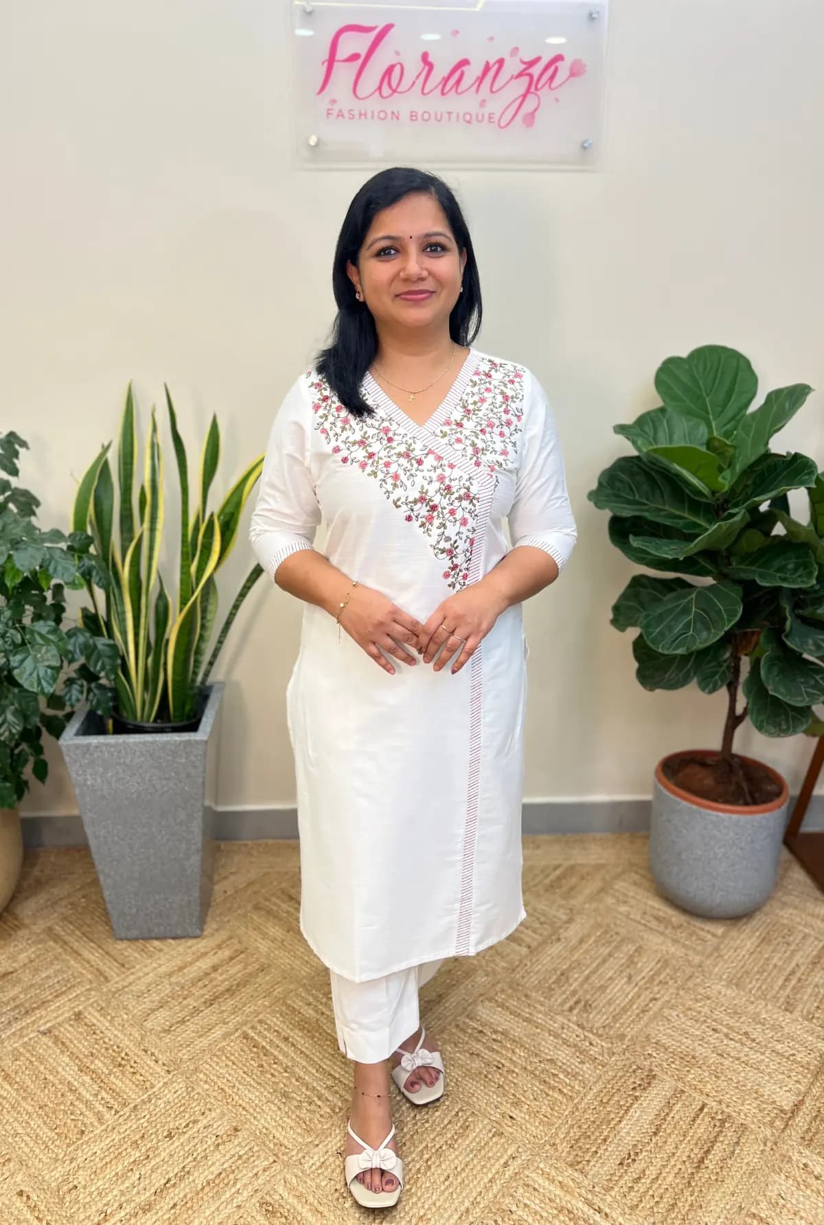 Branded Kurti in Slub Silk with Embroidery - Milky White