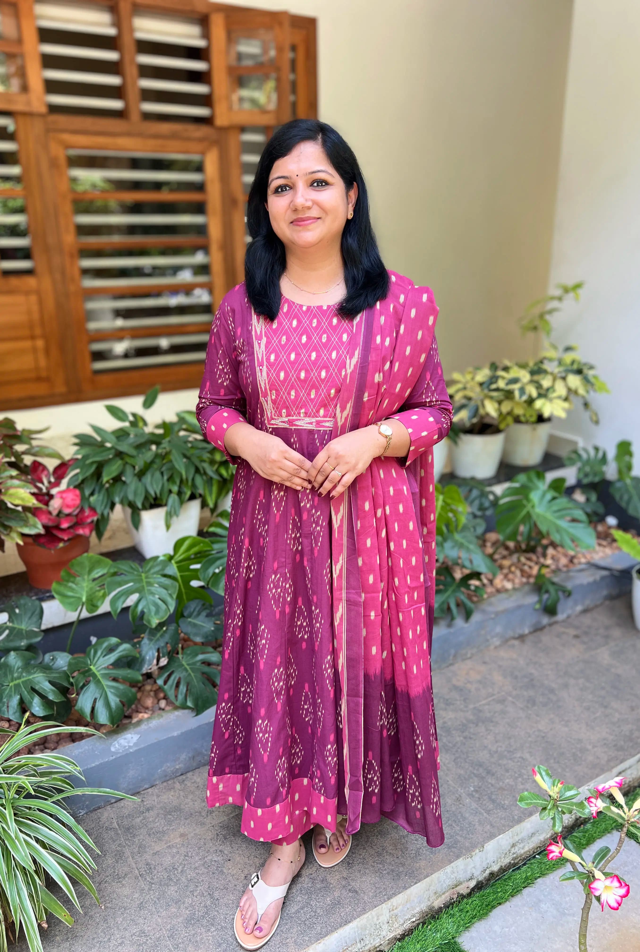 Panel Cut Anarkali 3 Piece Set in Cotton - Purple n Pink mix