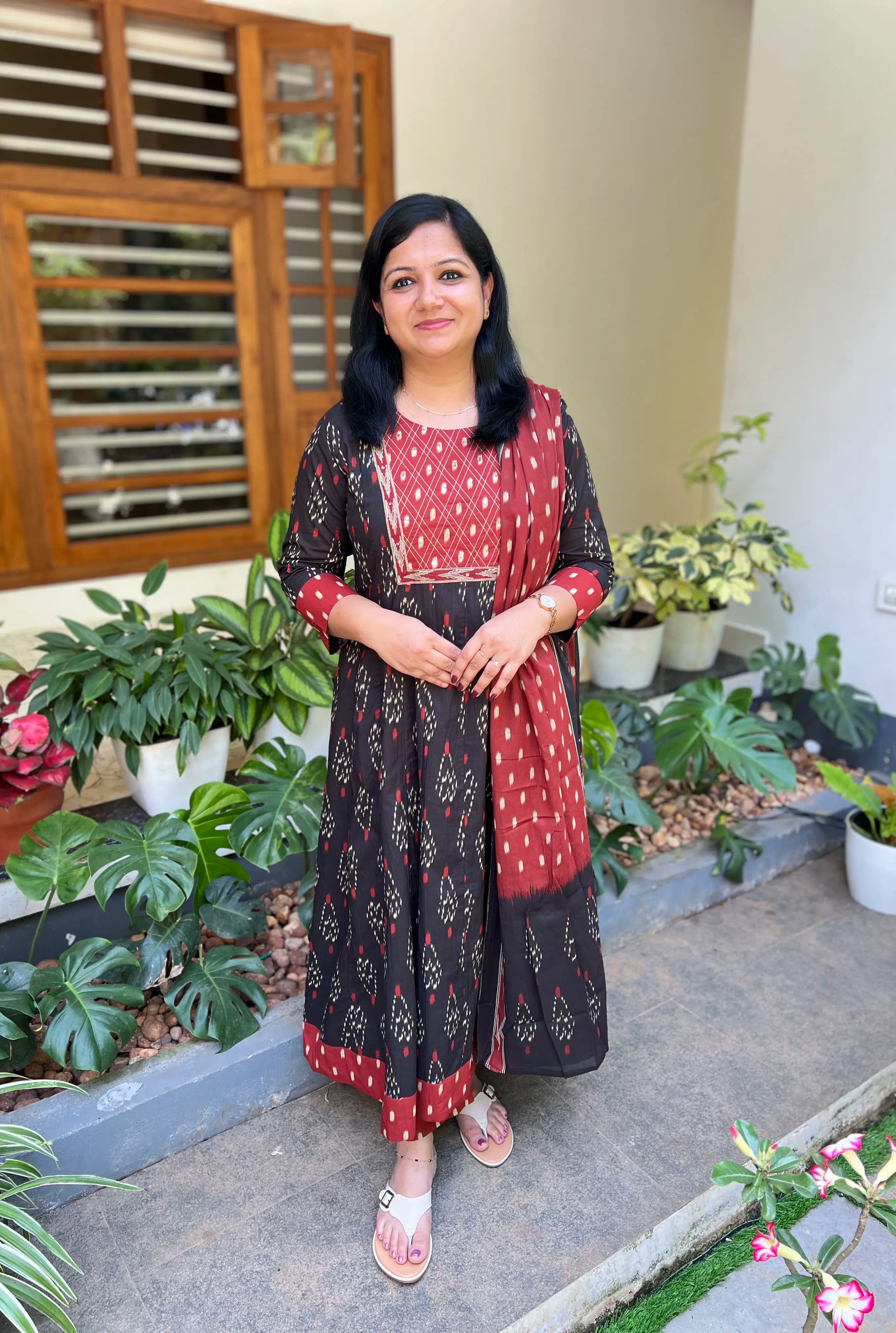 Panel Cut Anarkali 3 Piece Set in Cotton - Black n Brick Red