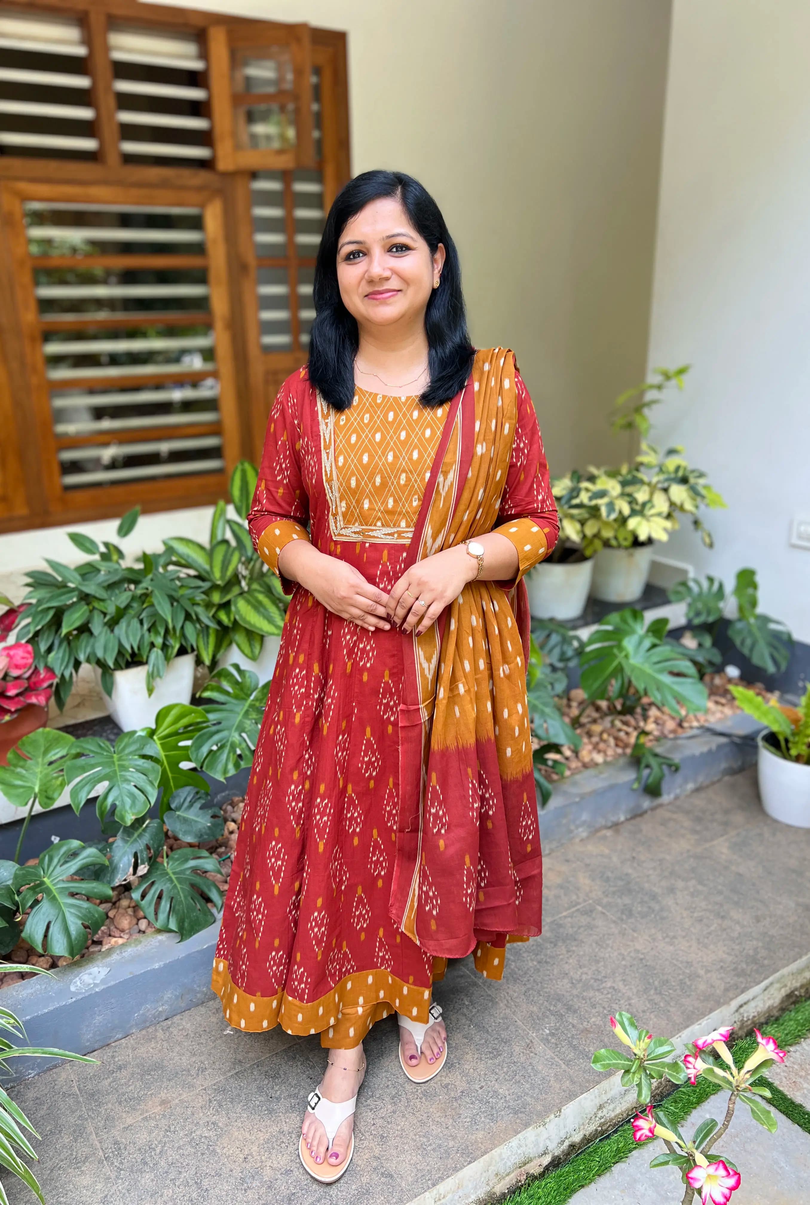 Panel Cut Anarkali 3 Piece Set in Cotton - Brick Red n Rust
