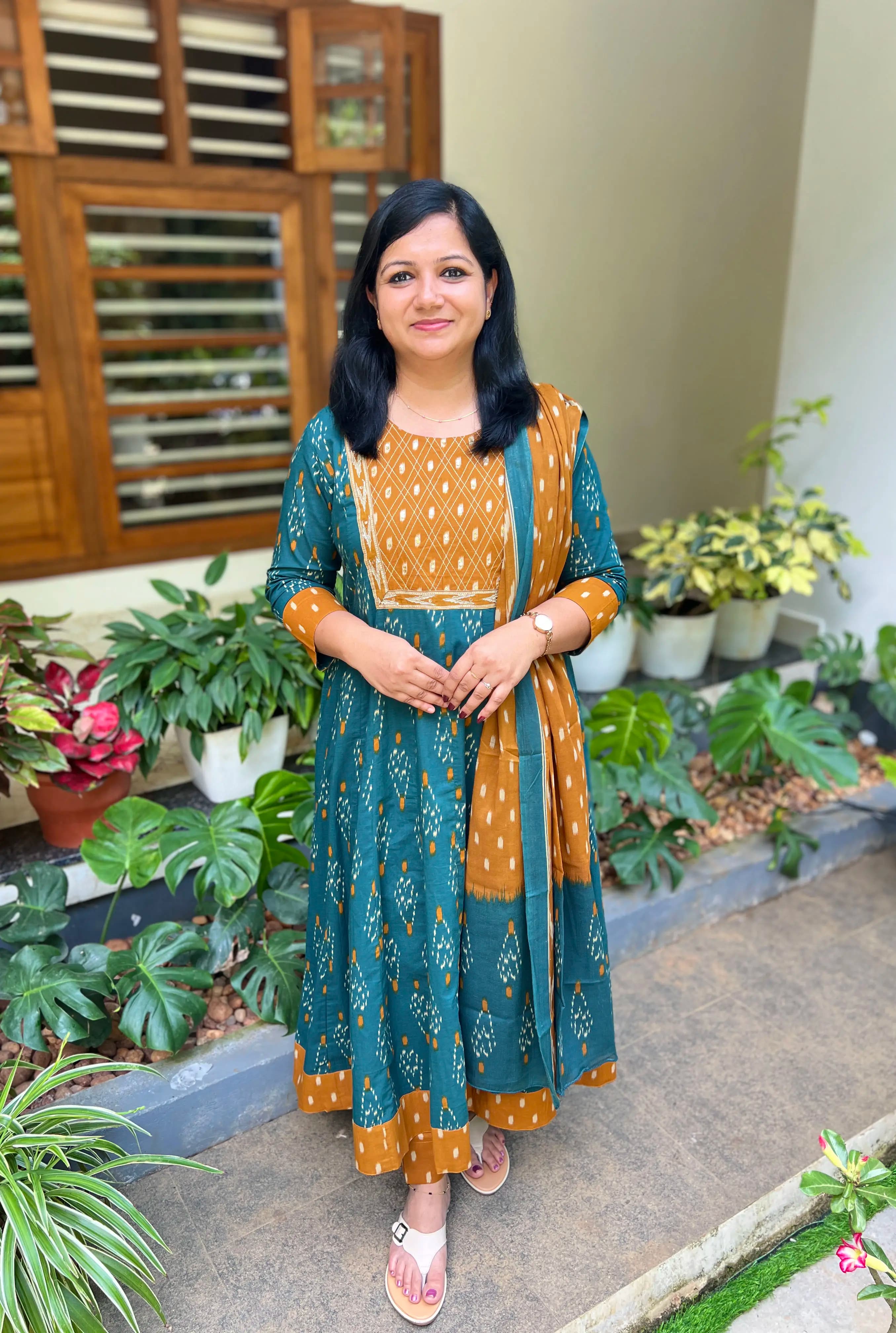 Panel Cut Anarkali 3 Piece Set in Cotton - Teal Green n Rust