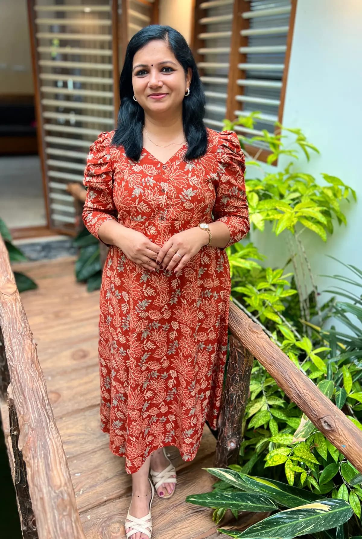 Florista Frock Model Kurti in Cotton - Brick n Orange mix