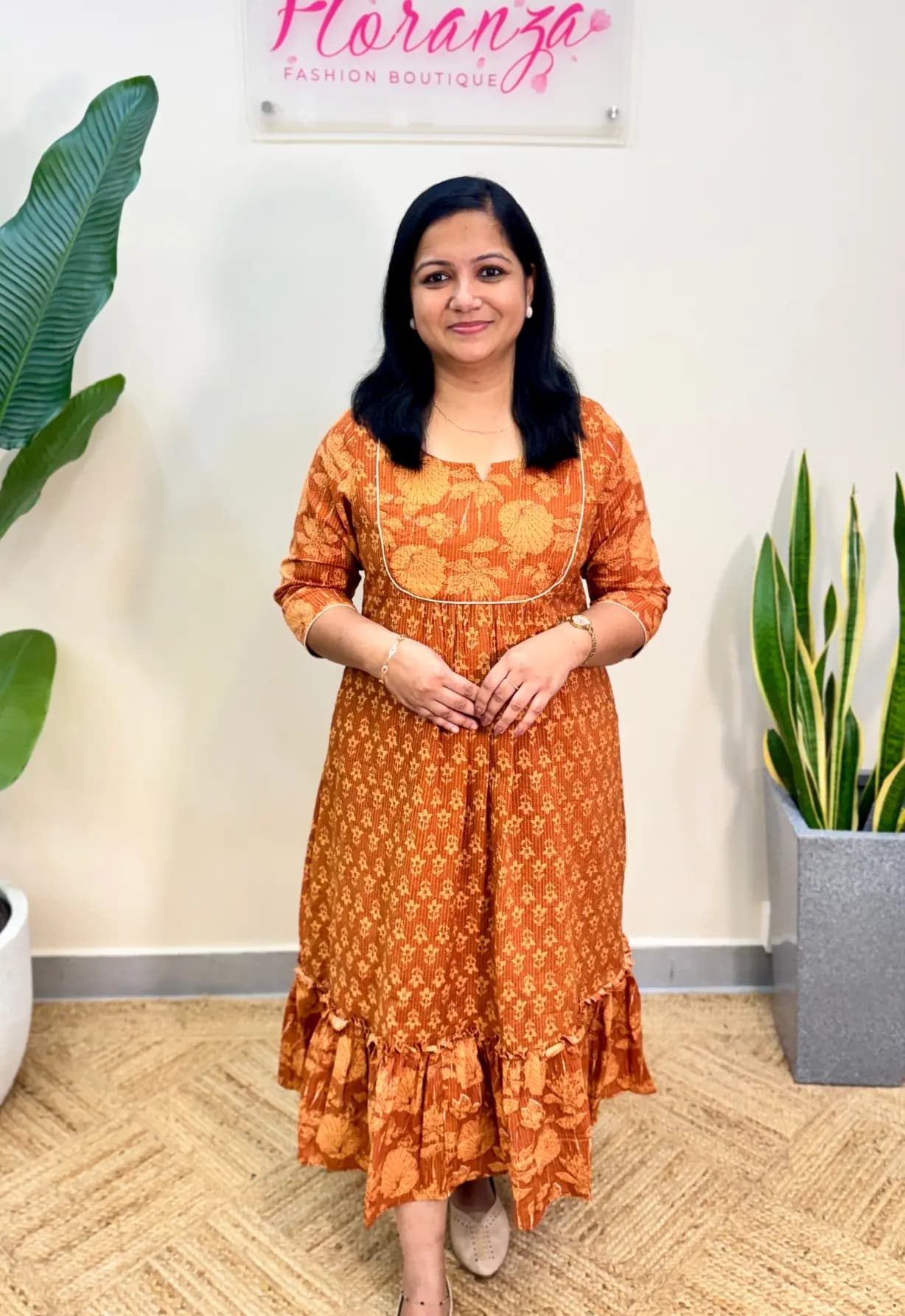 Florista Frock in Printed Cotton - Rust Orange