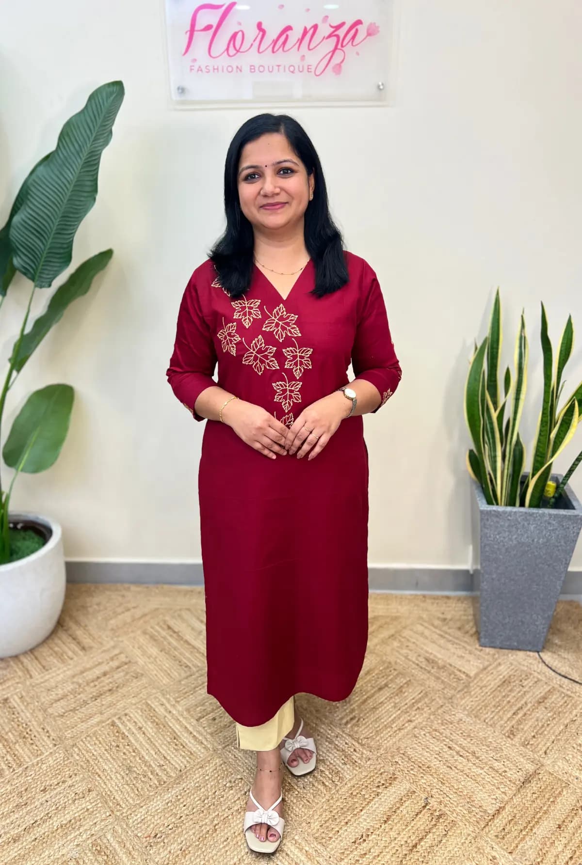 Florista Kurti in Pure Cotton - Dark Reddish Maroon