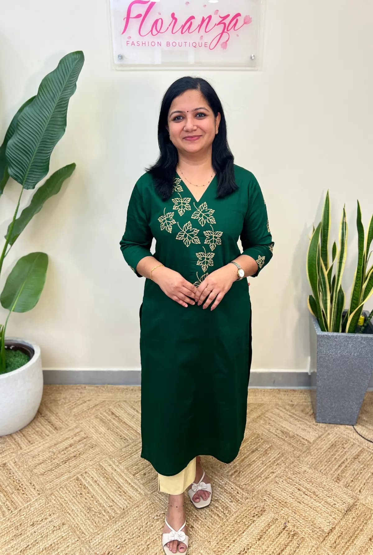 Florista Kurti in Pure Cotton - Dark Green