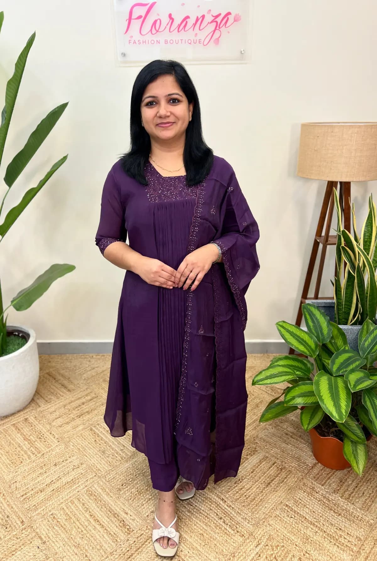 3 Piece Set In Mul-Chanderi - Purple