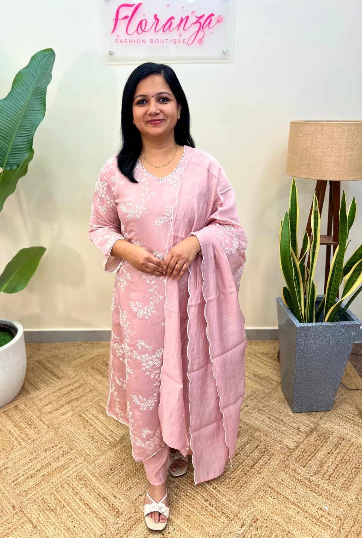 Premium 3 Piece Set In Mul-Chanderi - Nude Pink