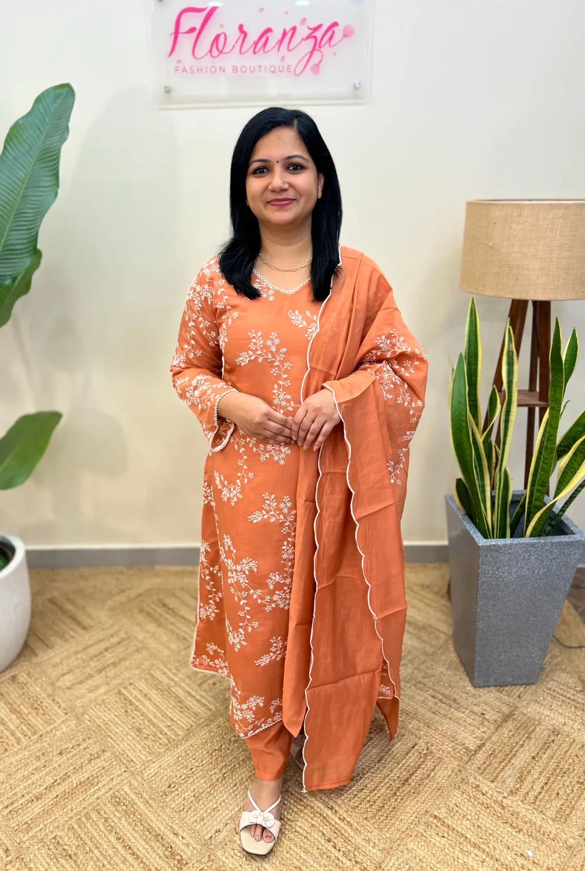 Premium 3 Piece Set In Mul-Chanderi - Pastel Peach