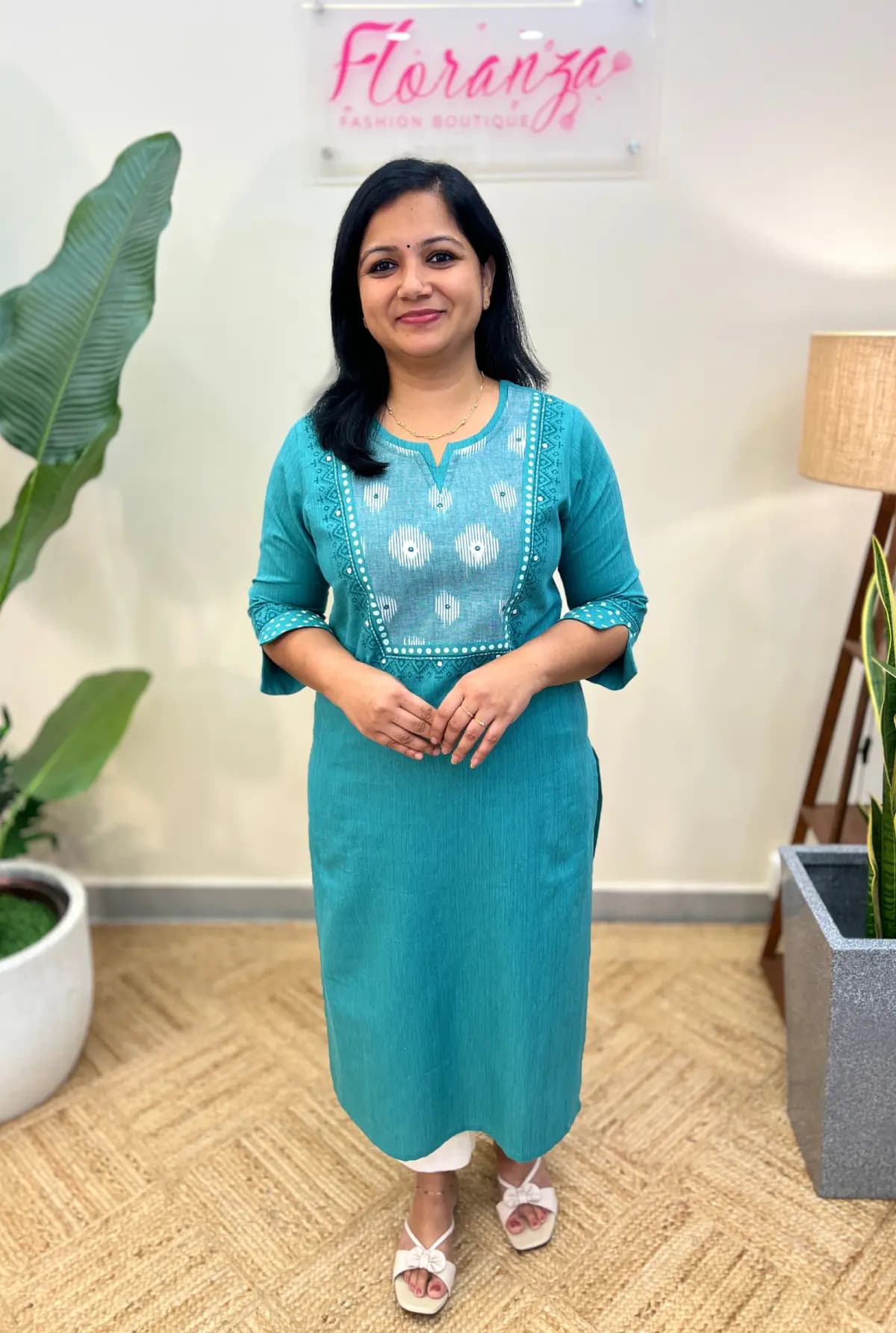 Anvita Brand Kurti in Pure Cotton - Aqua Green mix Turquoise Green