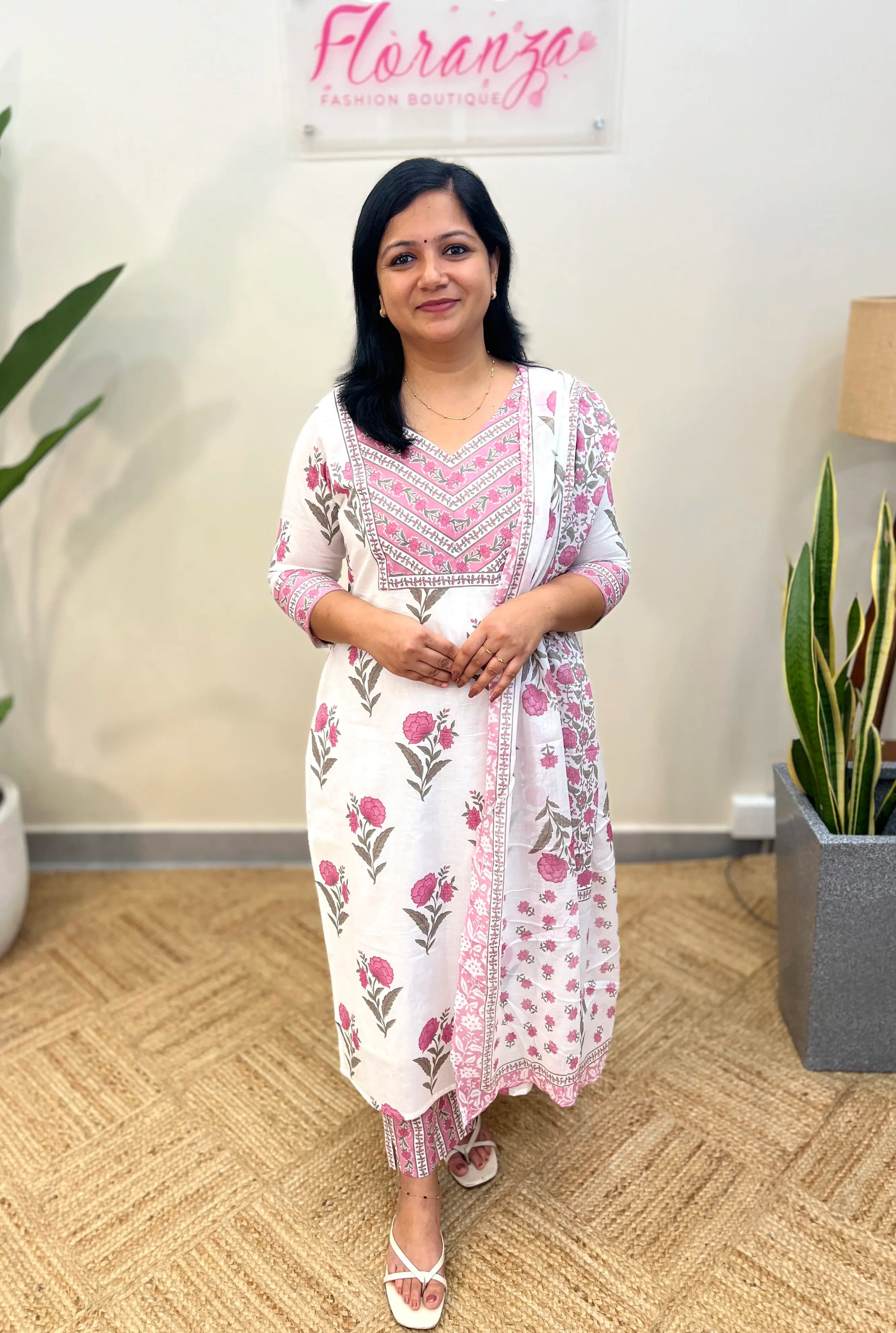 Florista 3 Piece Set in Printed Cotton - Pink n White