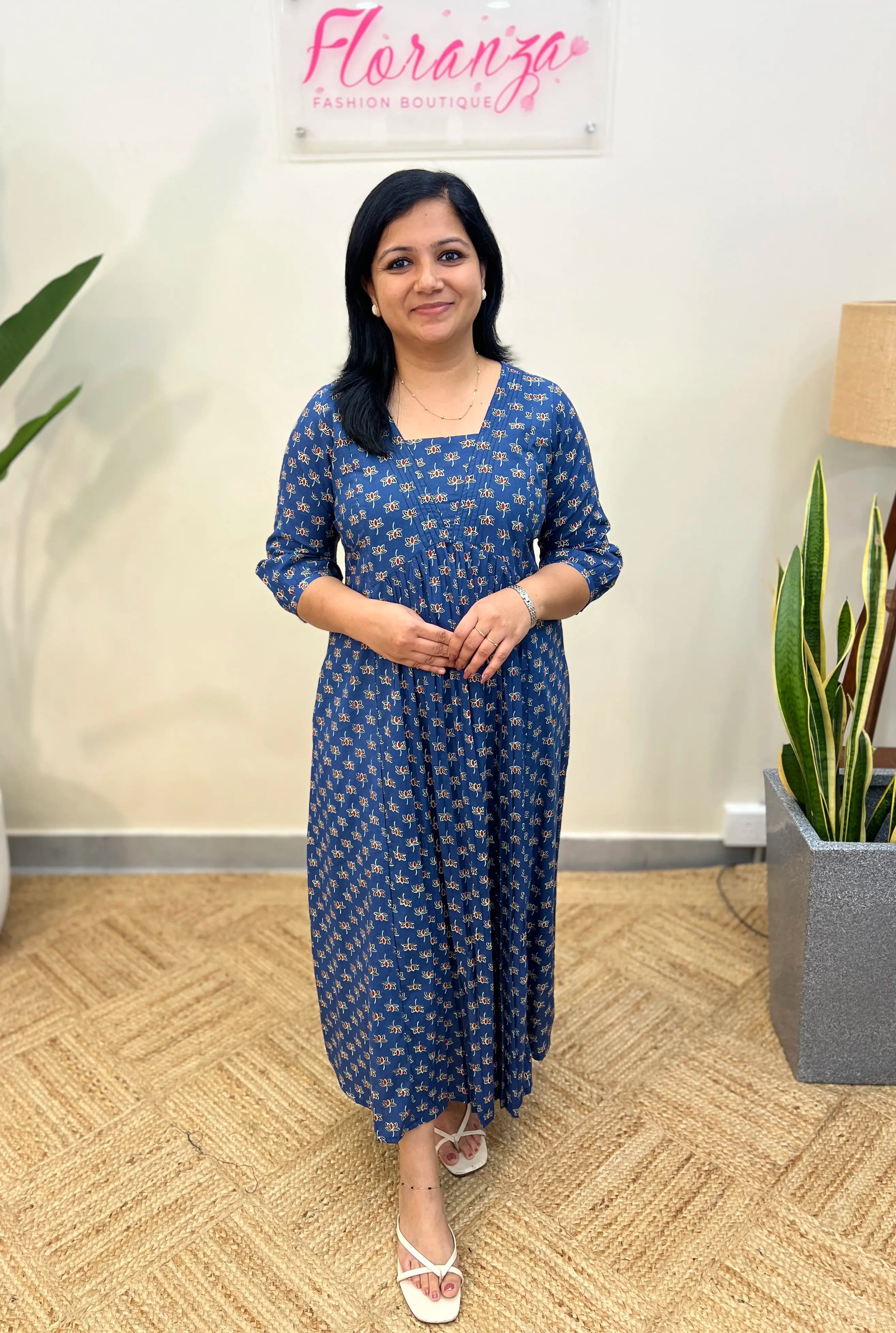 Florista Kurti In  Cotton - Blue