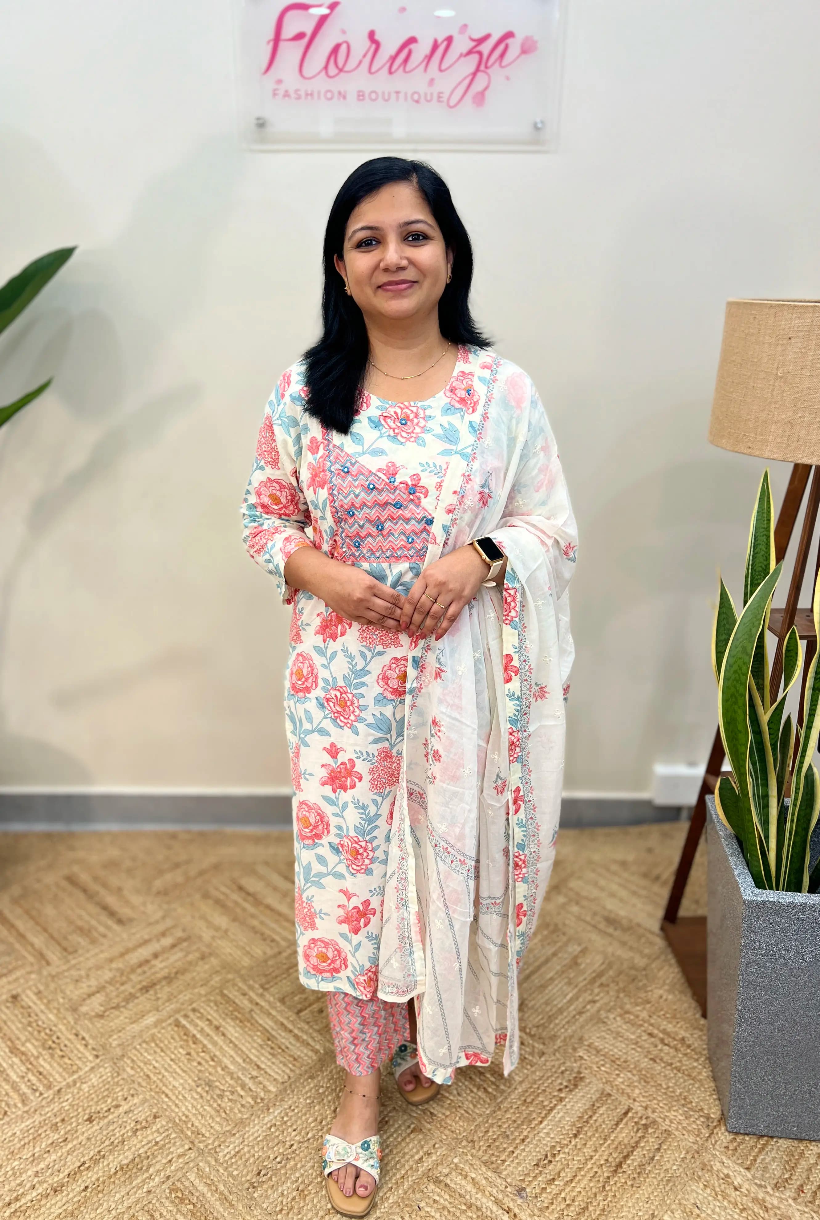 3 Piece Set in  Cotton - Off-White with Peach n Blue Floral