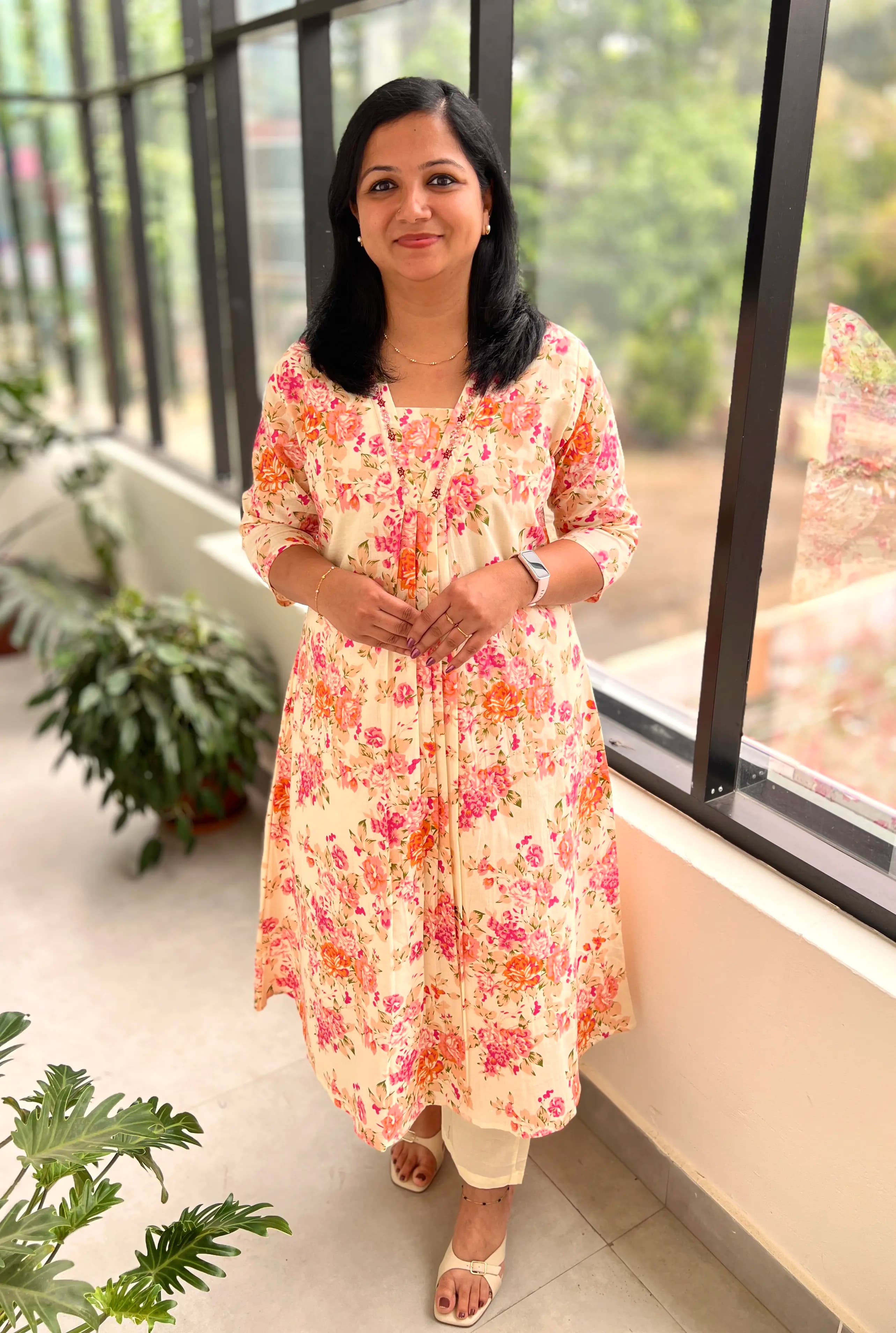 2 Piece Set in Cotton - Beige with Floral Prints
