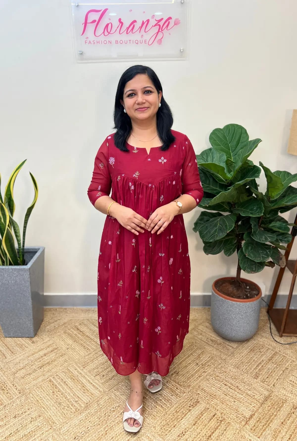 Florista A line kurti in Mul Chanderi - Reddish Maroon