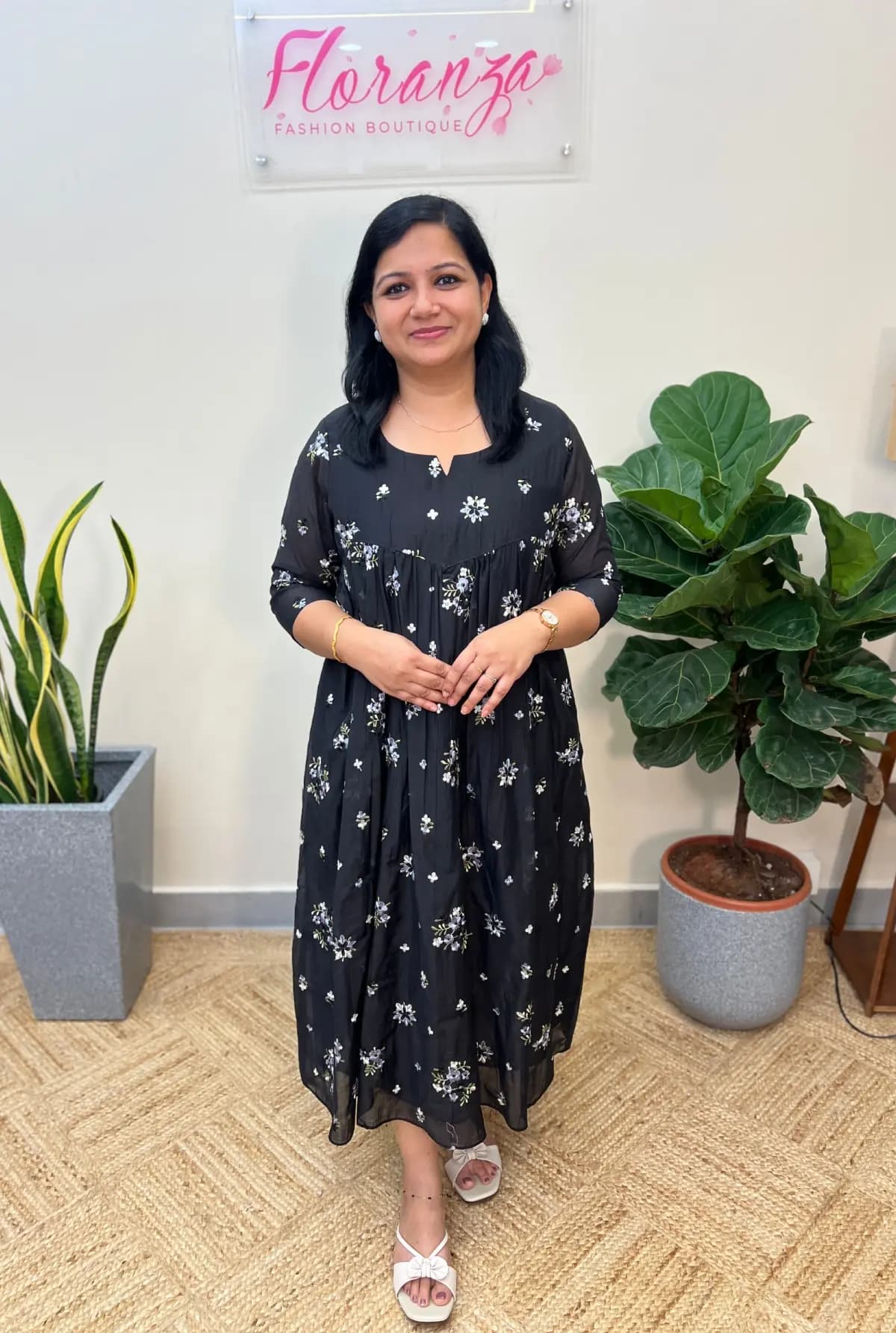 Florista A line kurti in Mul Chanderi - Black