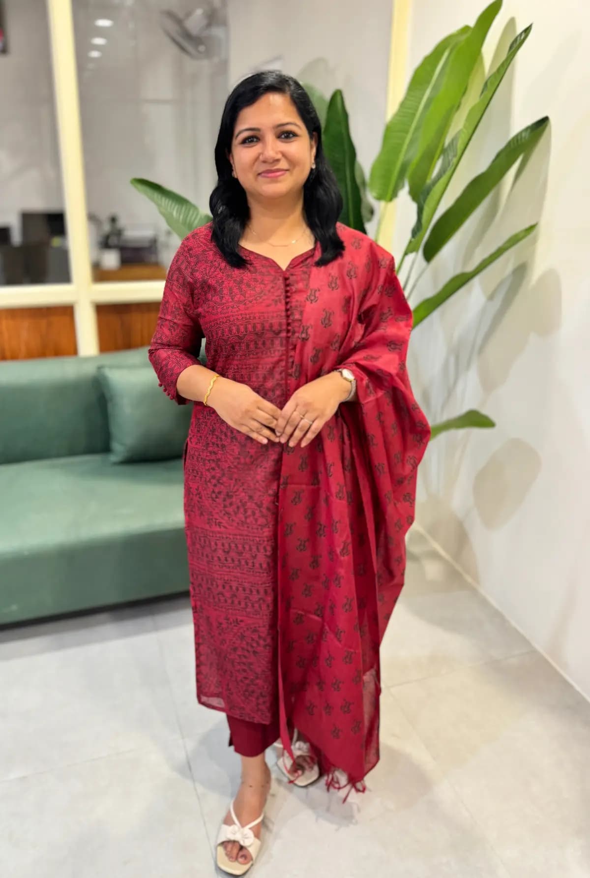 Florista Top n Dupatta set in Premium Kota Fabric - Reddish Maroon