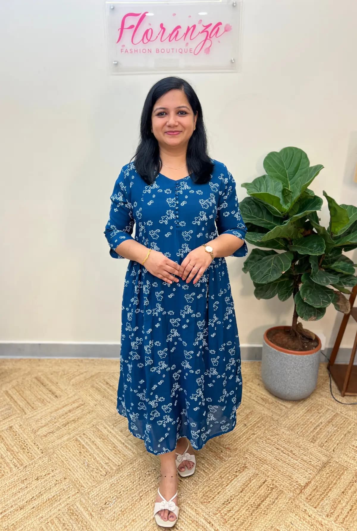 Kurti in Printed Mul-Chanderi - Teal Blue