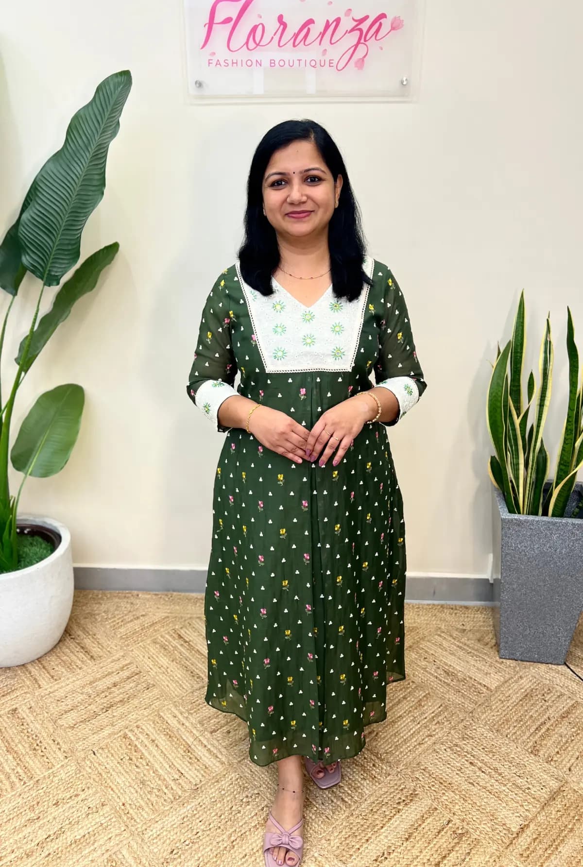 Florista Kurti In Mul-Chanderi - Green