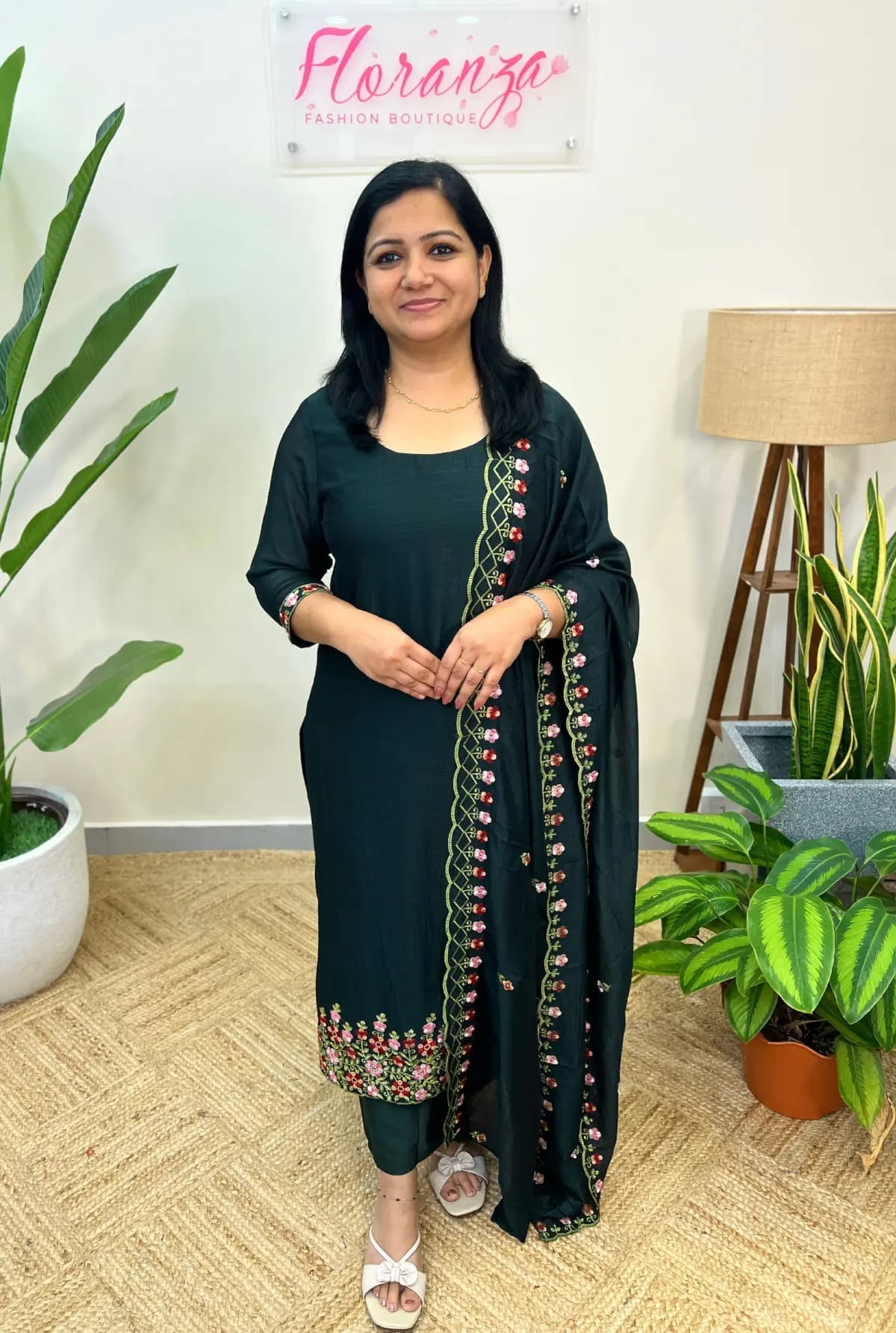 Florista 3 Piece Set In Vichithra Silk - Dark Bottle Green