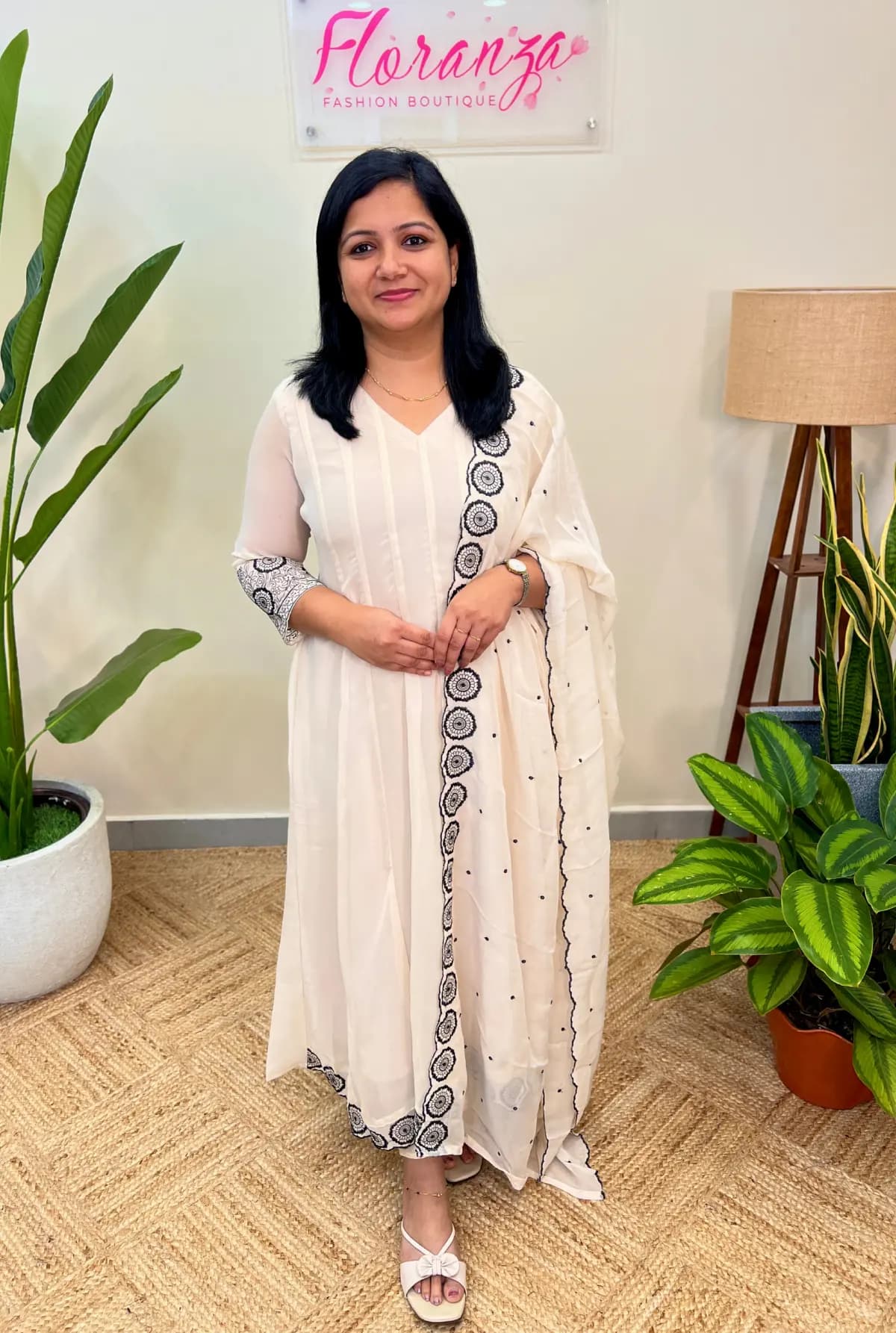 Panel Cut Anarkali 3 Piece set In Fox Georgette - Chiku mix Off-white