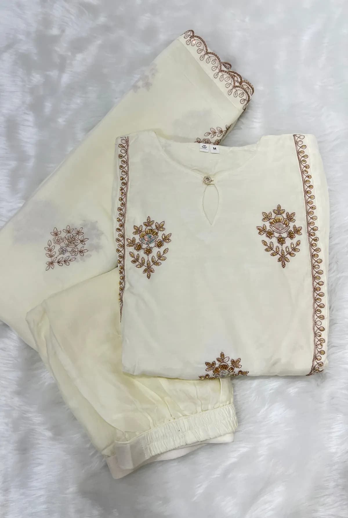 Premium 3 Piece Set In Mul-Chanderi - Creamish Off-White