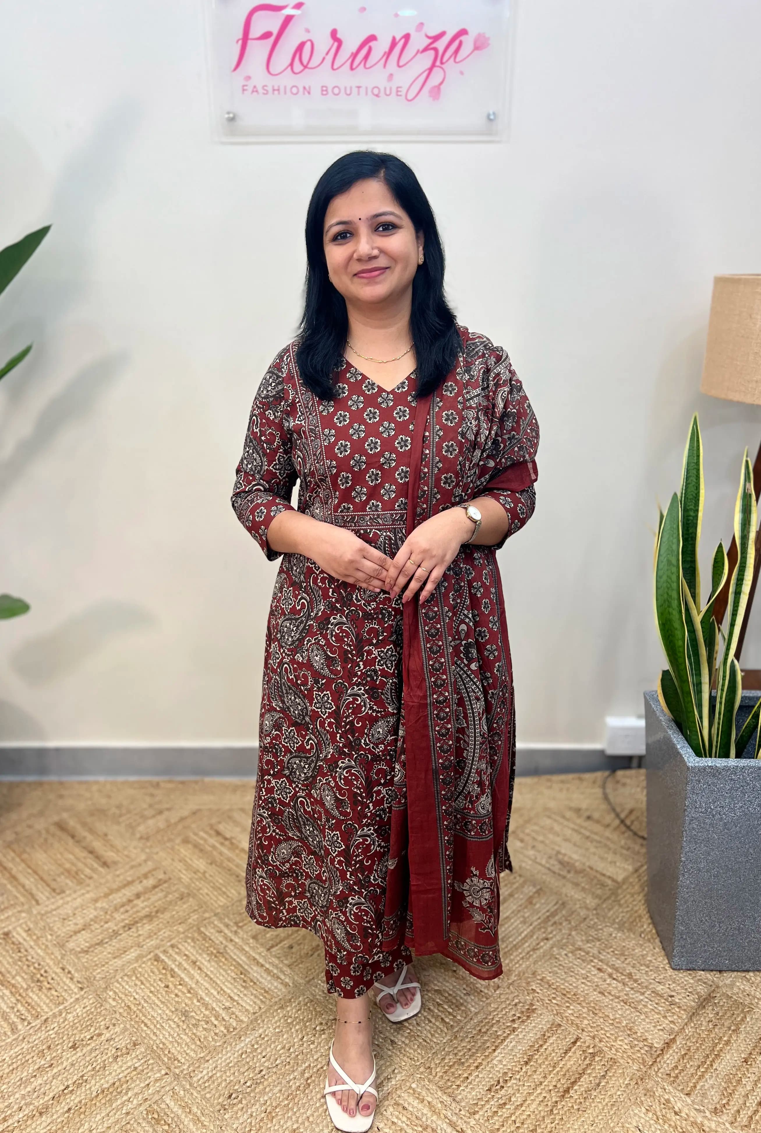 Florista 3 Piece Set in Printed Cotton - Dark Maroon